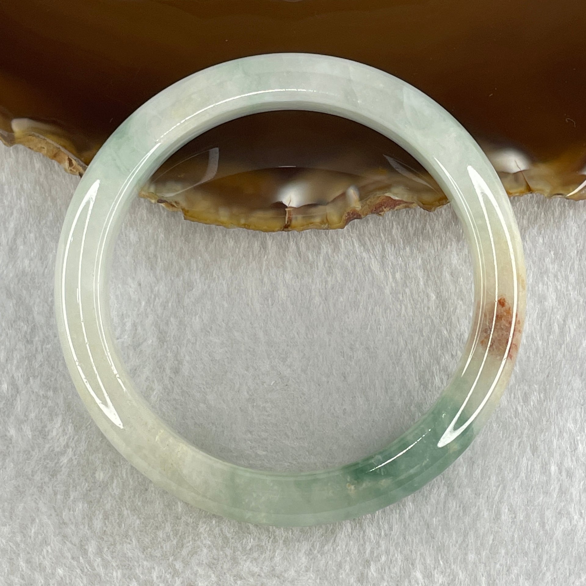 Type A Natural Jelly Light Green with Blueish Green, Red and Yellow Patches Jadeite Bangle 38.29g Inner Diameter 52.4mm 10.0 by 7.6mm (External and Internal Lines) - Huangs Jadeite and Jewelry Pte Ltd