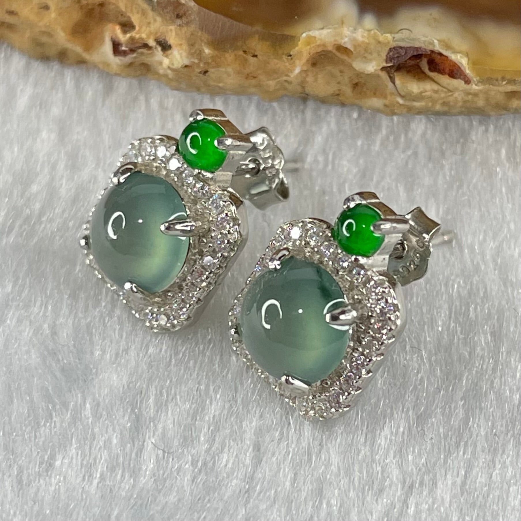 Type A Icy Blueish Green Jadeite Cabochons With Crystals in S925 Sliver Earrings 2.54g 6.6 by 4.0mm - Huangs Jadeite and Jewelry Pte Ltd