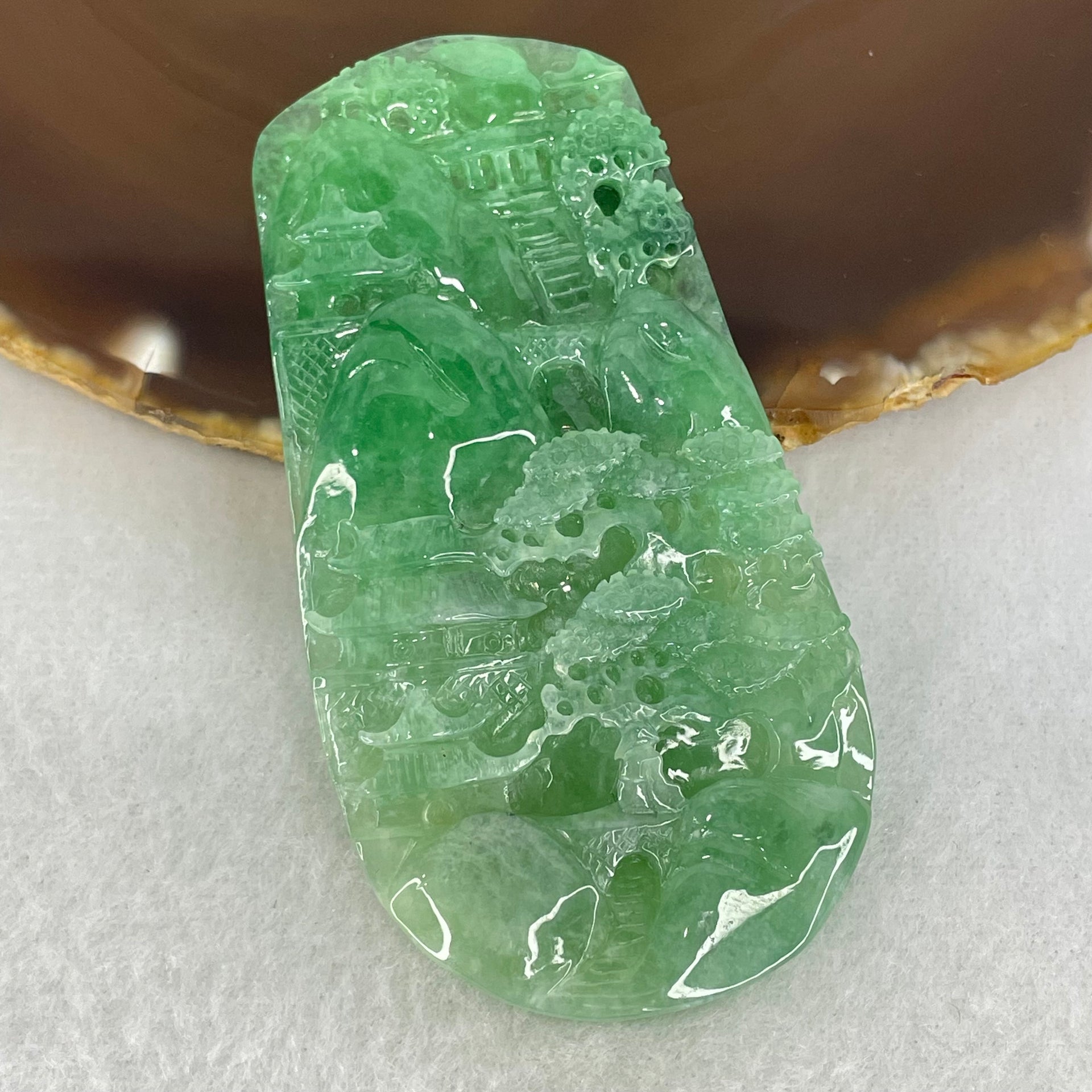 Type A Semi Icy Bright Green Jadeite Double Sided Shan Shui with Gui Ren Benefactor Pendant 47.64g 76.5 by 39.9 by 9.0mm - Huangs Jadeite and Jewelry Pte Ltd
