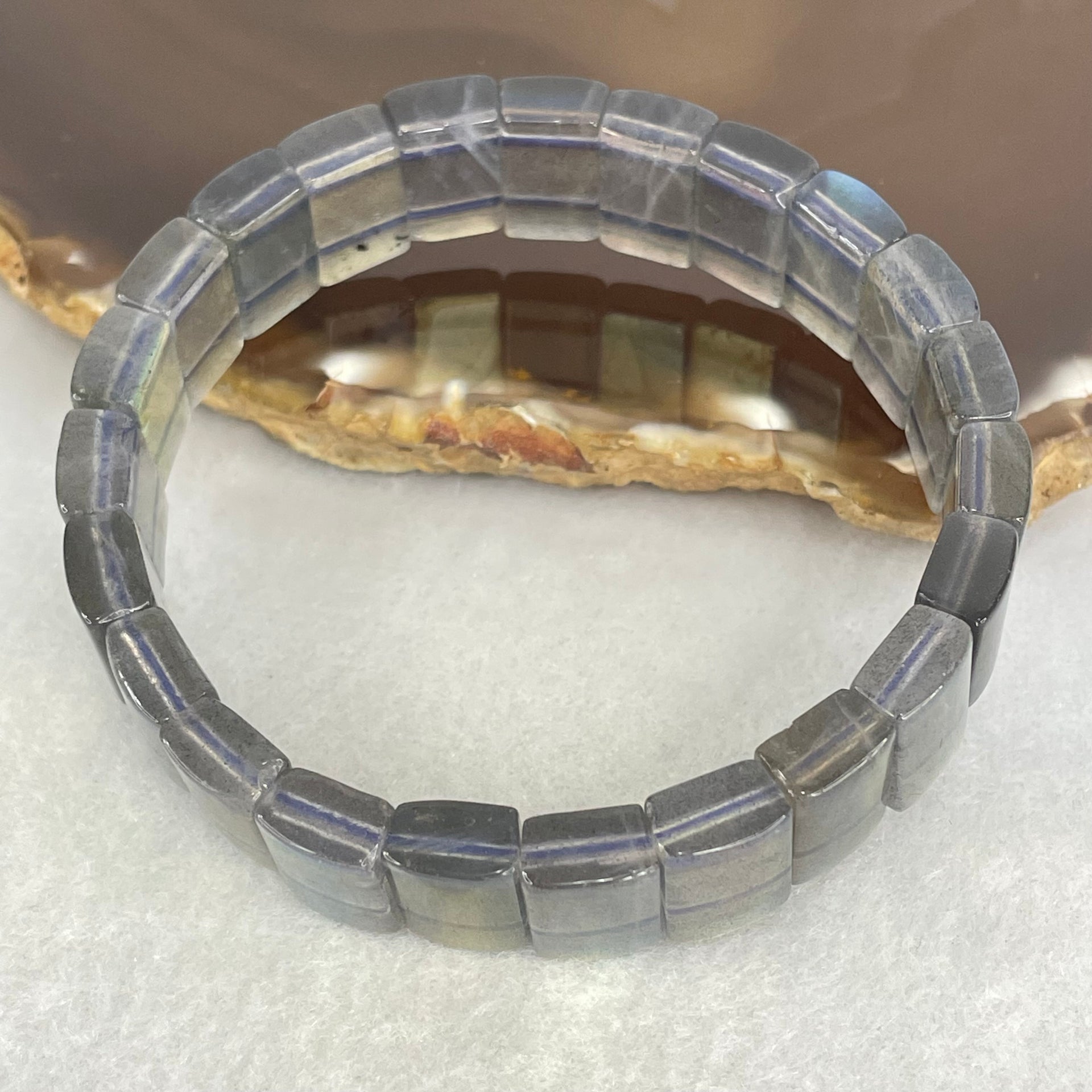 Good Grade Natural Labradorite Shou Pai Bracelet 33.838g 17cm 13.2 by 8.9mm 23pcs - Huangs Jadeite and Jewelry Pte Ltd