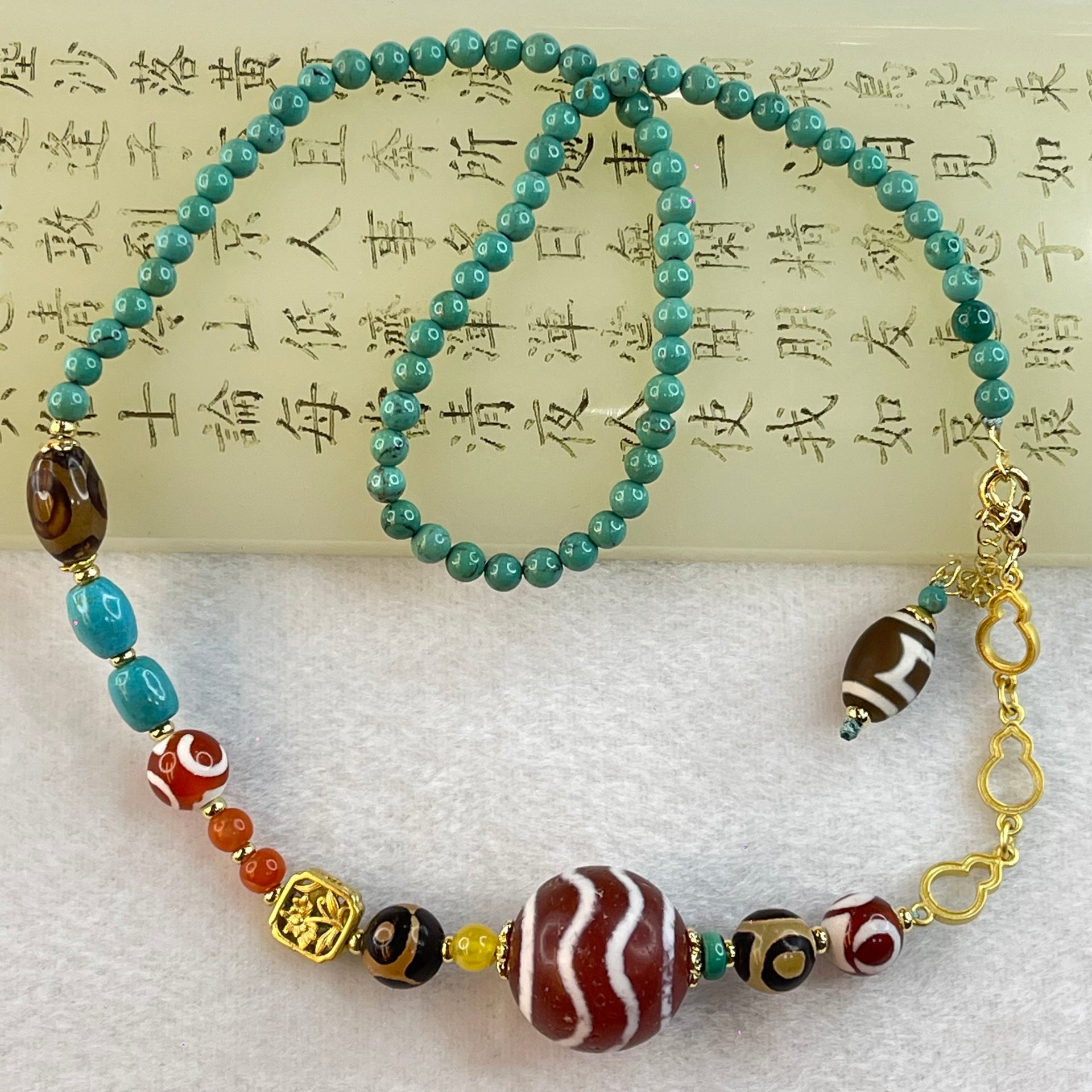 Natural Agate Necklace with Tian Zhu Dzi Beads (4 Lines, 1 Eye Sky Door and 3 Eyes) with Turquoise Beads 23.29g 17.9 by 18.3mm 1 Bead 12.3 by 8.4mm 2 Beads 8.3mm 4 Beads - Huangs Jadeite and Jewelry Pte Ltd
