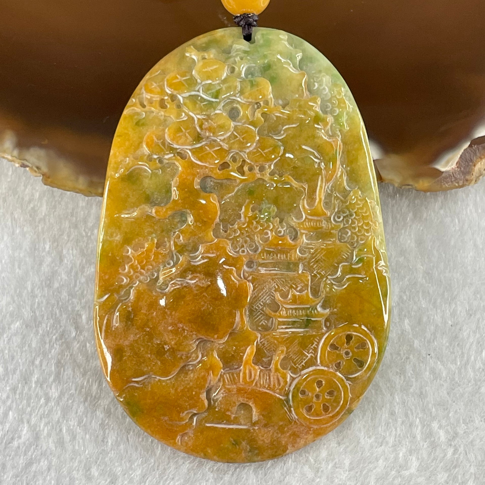 Grandmaster Type A Reddish Brown with Green Patches Jadeite Shan Shui with Twin Gui Ren Benefactor Pendant 黄山美景 36.38g 64.7 by 43.9 by 6.5mm - Huangs Jadeite and Jewelry Pte Ltd