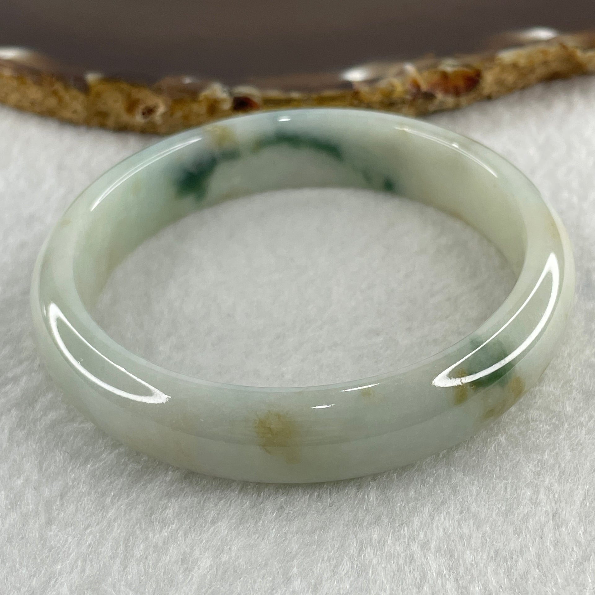 Type A Natural Light Green with Dark Green and Yellow Piao Hua Jadeite Bangle 47.89g Inner Diameter 58.3mm 12.8 by 7.6mm (Very Slight External Line) - Huangs Jadeite and Jewelry Pte Ltd
