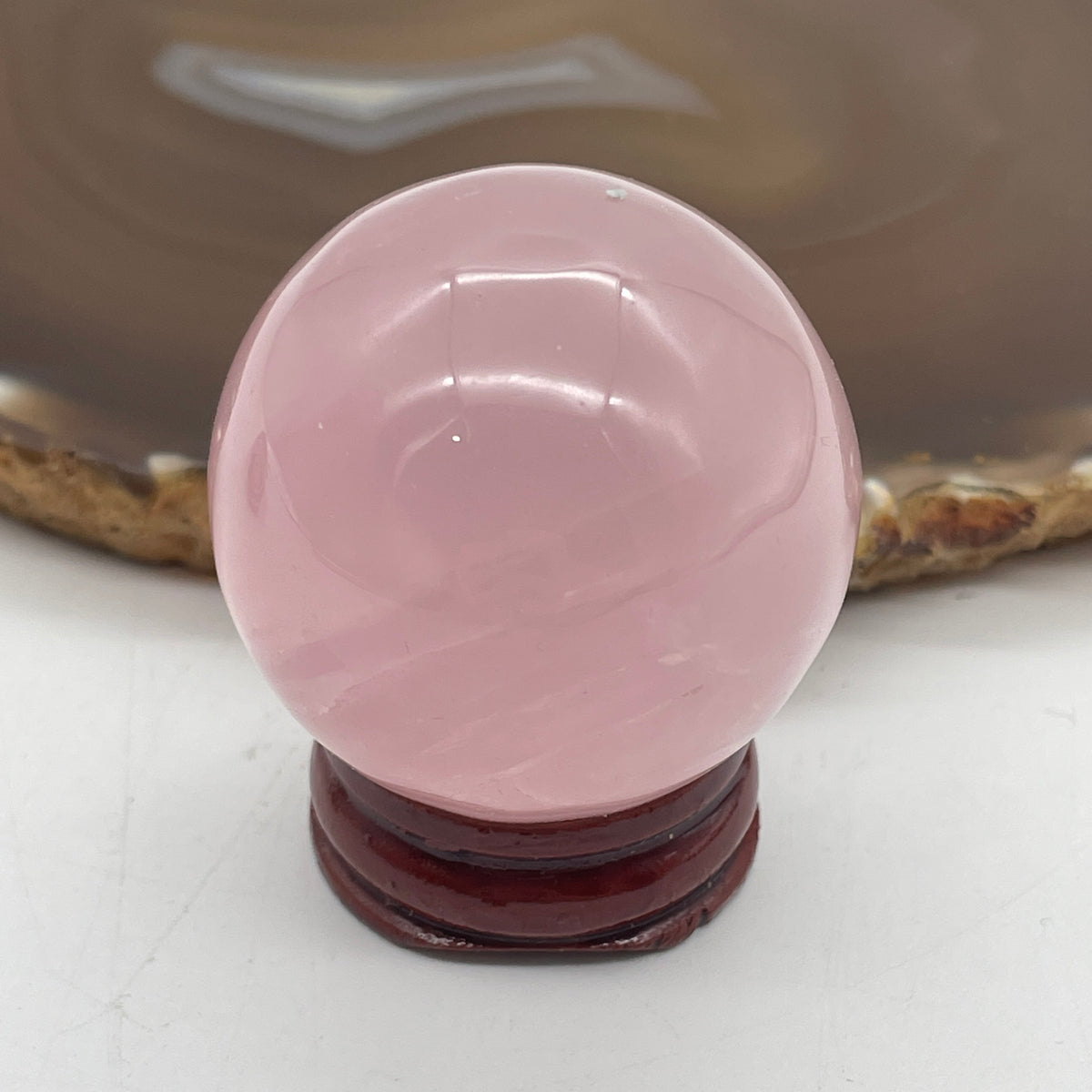 Above Average Natural Rose Quartz Mini Ball with Wooden Stand Display | (88.36g | 39.4mm | 47.0mm | Catalyst, "Zhao Tao Hua" Love & Interpersonal Charm Magnet, 360° Energy Harmonizer & Feng Shui Prosperity Sphere)