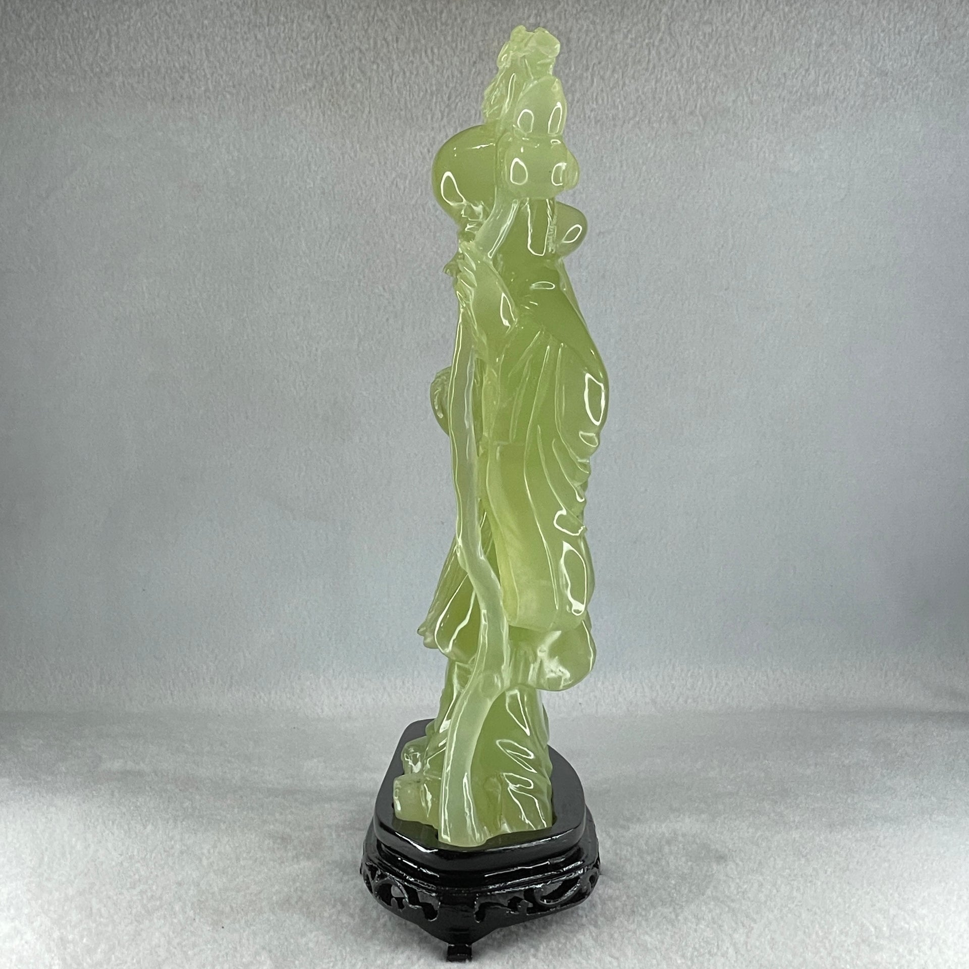 Natural Green Serpentine Shou Xing Gong and Tong Zi with Wooden Stand Display 1,535.1g 160.0 by 276.0 by 68.0mm - Huangs Jadeite and Jewelry Pte Ltd