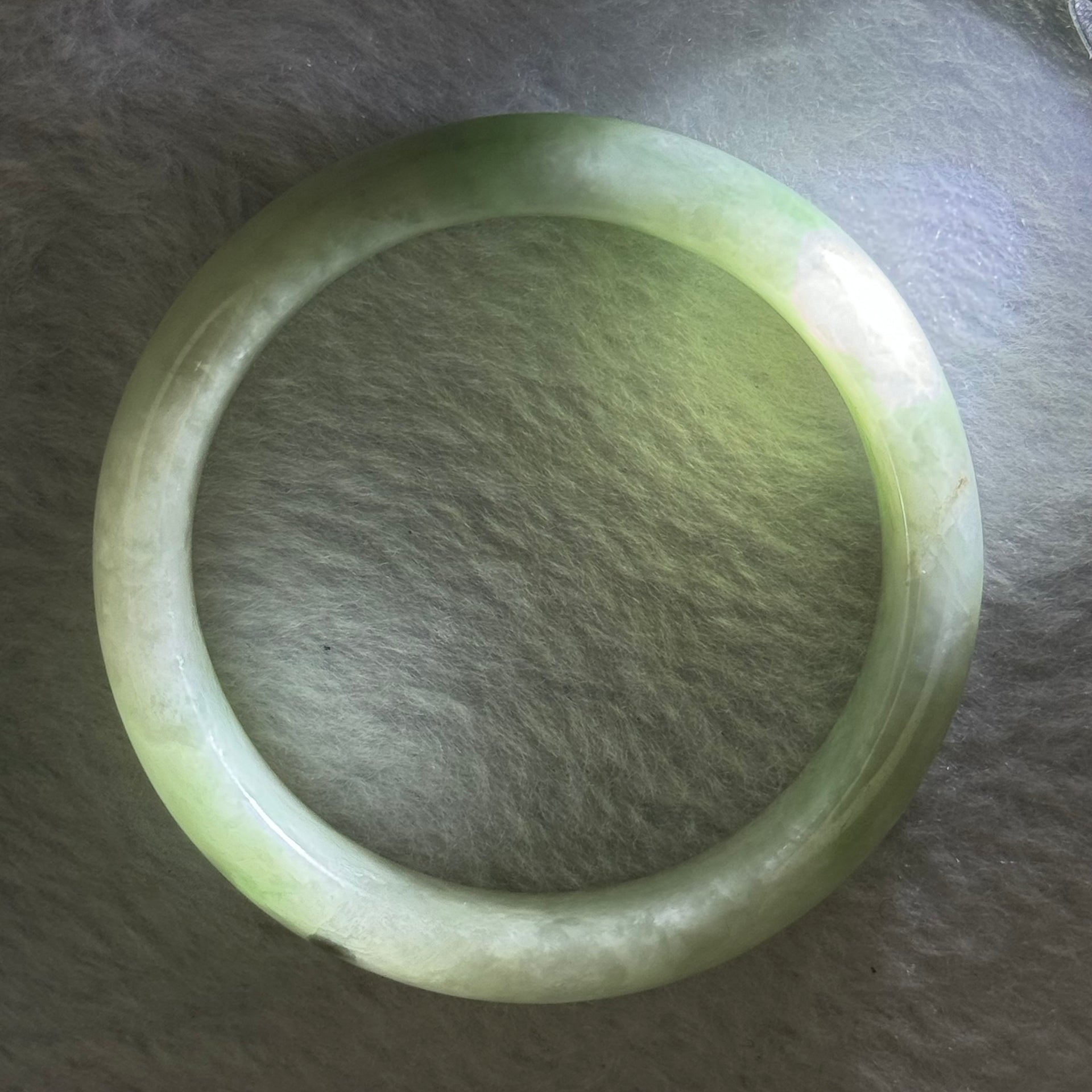 Type A Green With Grey Patch Jadeite Bangle 40.11g Internal Diameter 49.0mm 12.6 by 7.3mm (External Line) - Huangs Jadeite and Jewelry Pte Ltd
