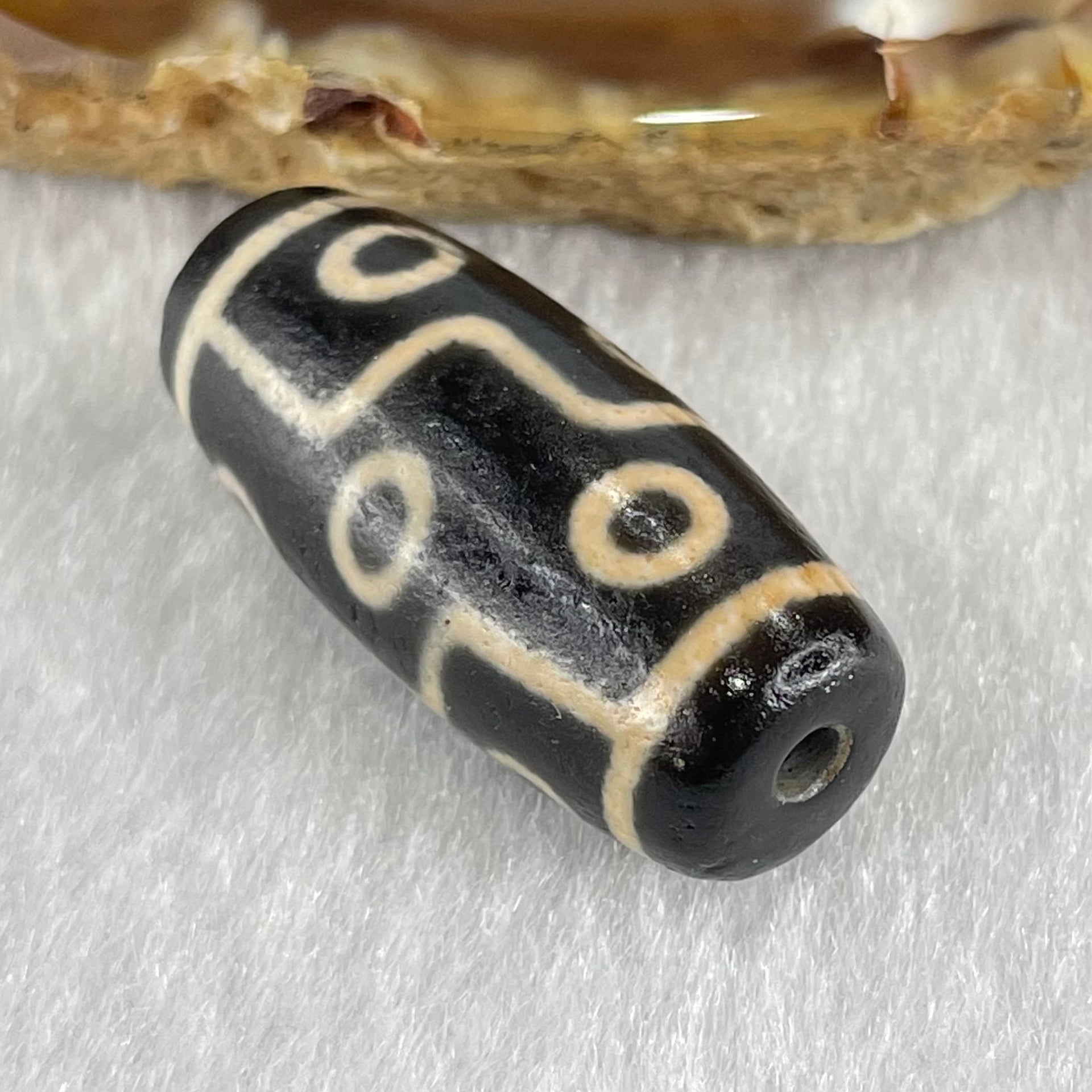 Natural Powerful Tibetan Old Oily Dark Brown with Yellowish White Agate 9 Eyes Dzi Bead Heavenly Master (Tian Zhu) 九眼天诛 7.02g 28.1 by 12.6mm - Huangs Jadeite and Jewelry Pte Ltd