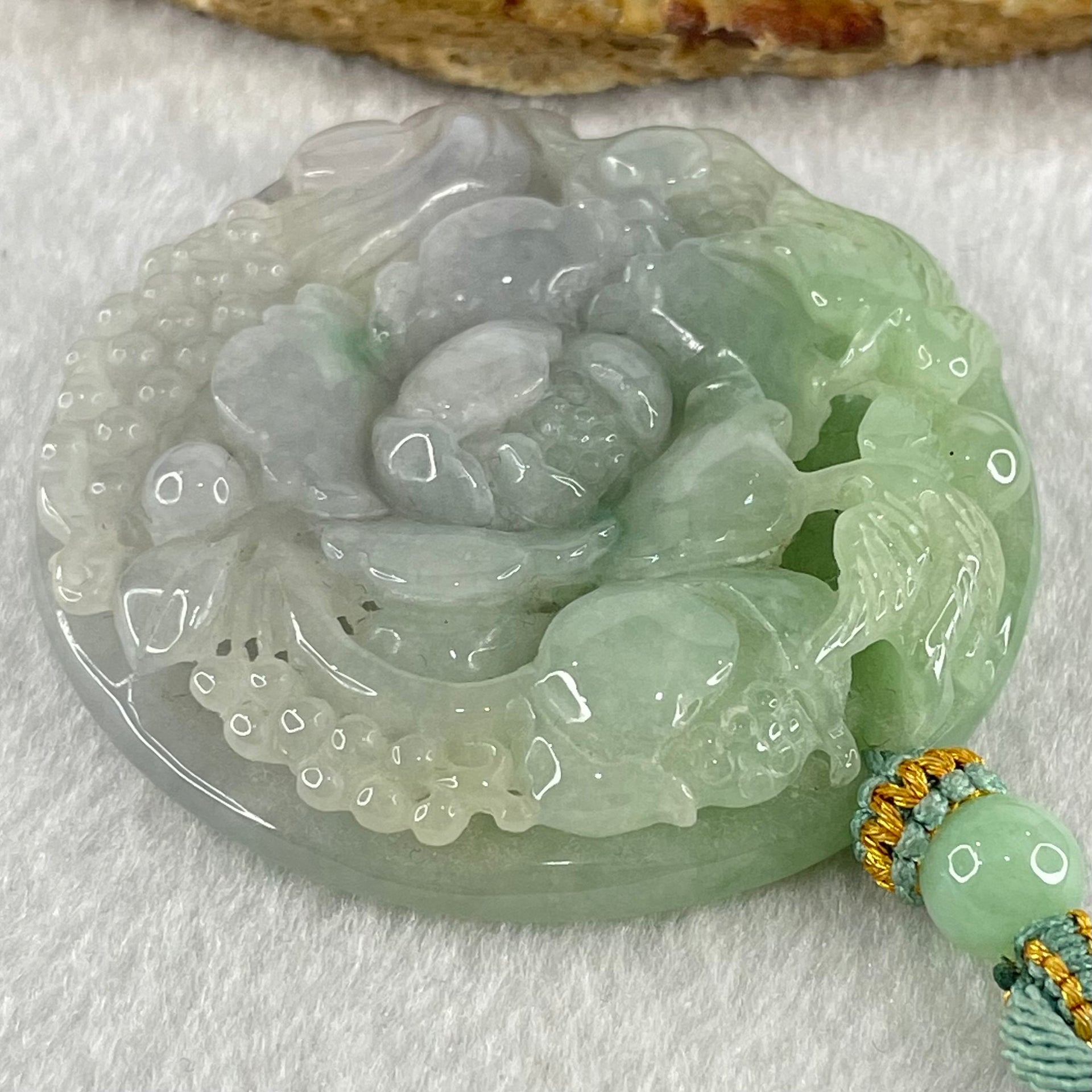 Grandmaster Type A Lavender Green Jadeite Twin Bird And Flower Pendant 喜上眉梢 63.42g 52.5 by 52.5 by 12.1mm - Huangs Jadeite and Jewelry Pte Ltd