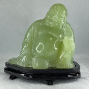 Natural Green Serpentine Siting Milo Buddha with Wealth Pot with Wooden Stand Display 1362.0g 165.0 by 110.0 by 150.0mm - Huangs Jadeite and Jewelry Pte Ltd