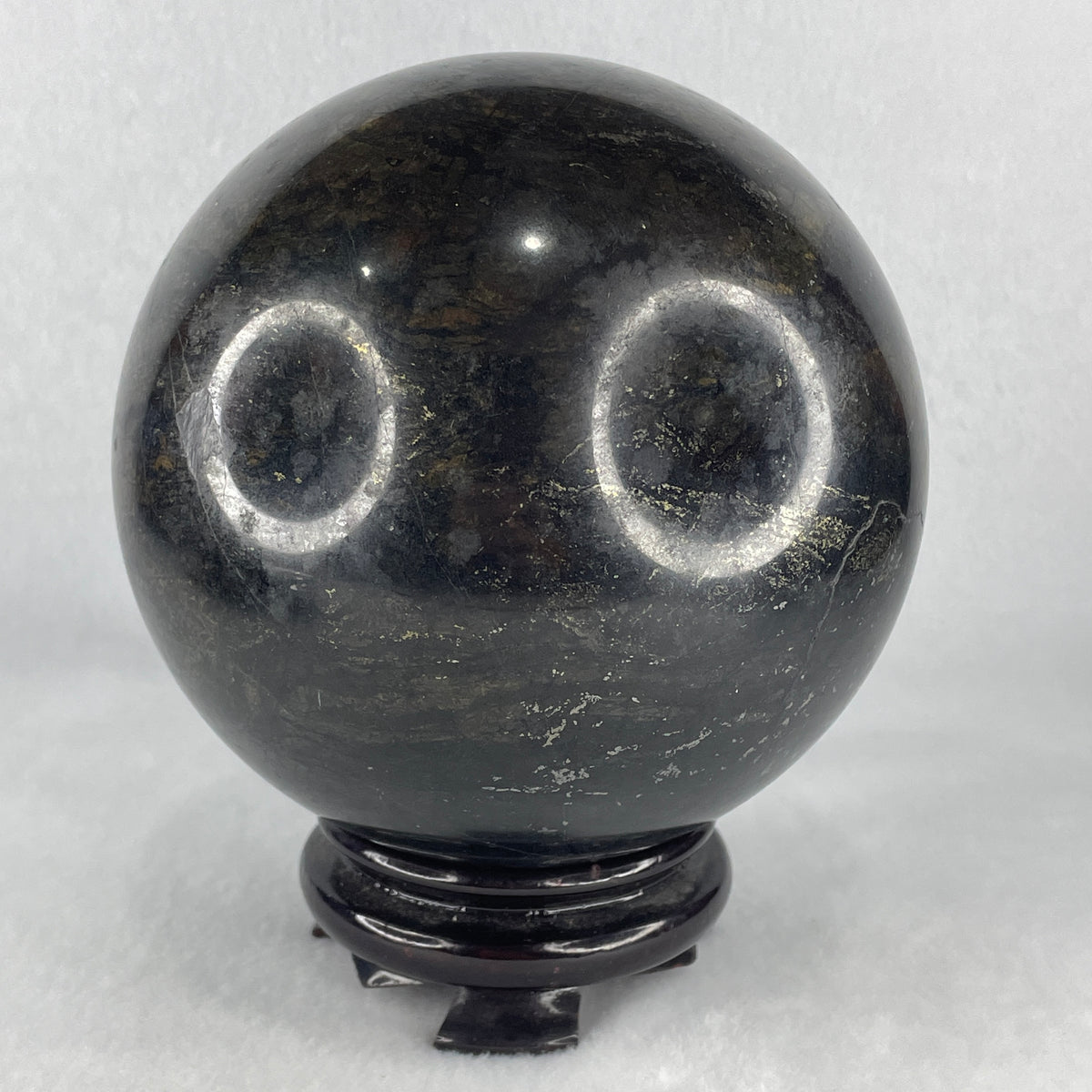Natural Black Tourmaline Sphere Display with Wooden Stand | Protection Shield & Grounding Energy (3,097.5g | 113.5x135.0mm | Anchor, EMF & Radiation Vortex Shield, Feng Shui Home Defense & Wealth Lock)