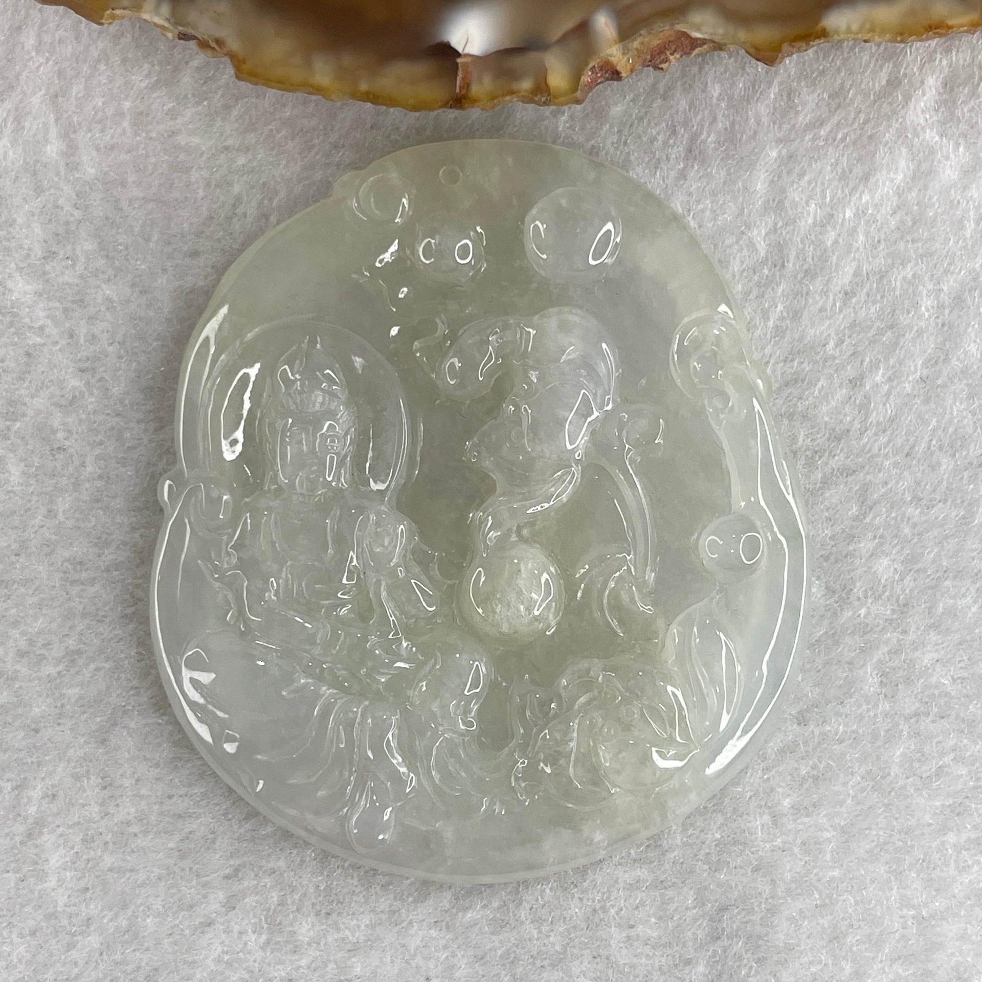 Natural Type A Semi Icy Colorless Jadeite Guan Yin with Lotus Flower Pendant 23.37g 52.8 by 46.7 by 5.2mm - Huangs Jadeite and Jewelry Pte Ltd