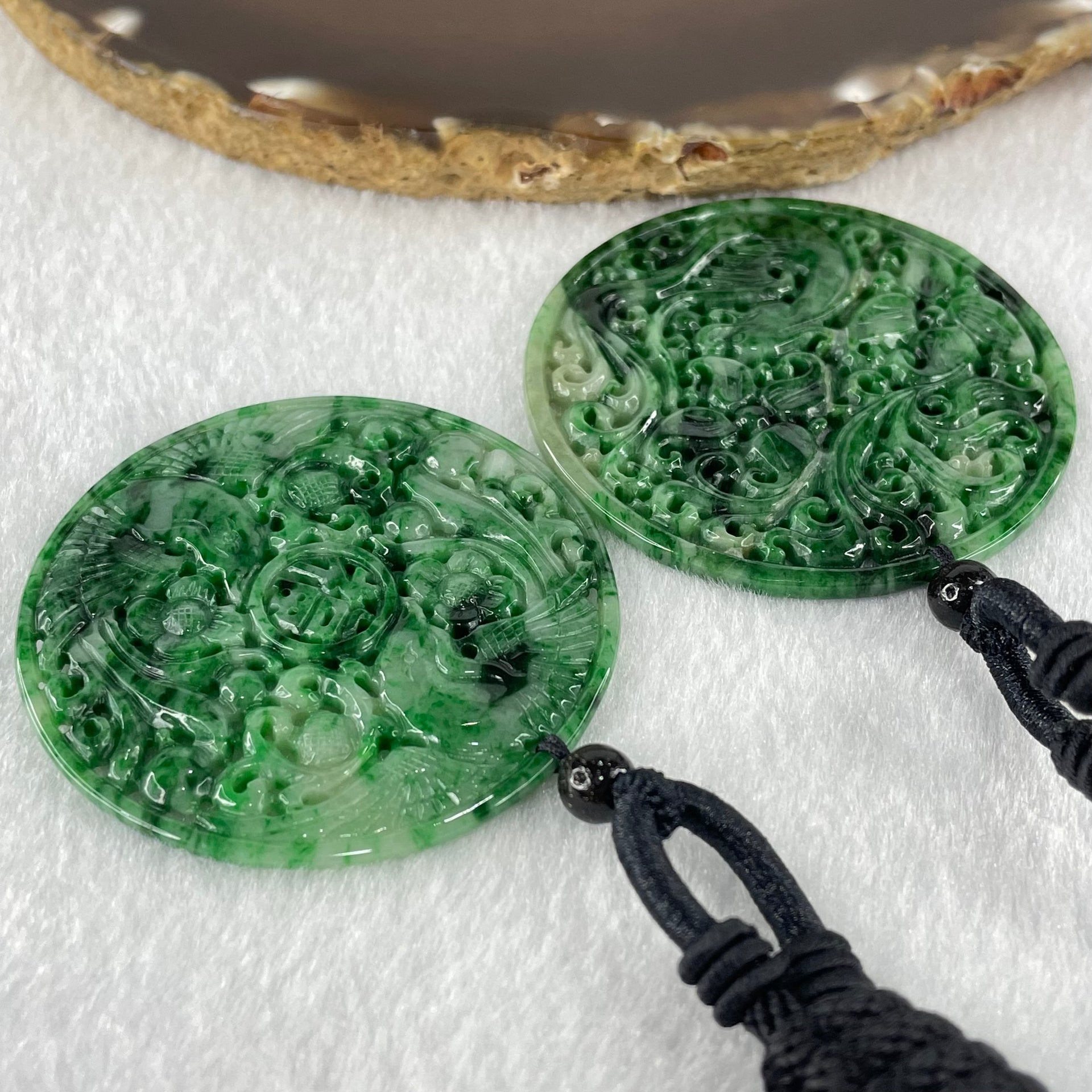 Grandmaster Type A Old Mine Green Piao Hua Jadeite Dragon 15.44g 51.9 by 3.0mm Twin Phoenix 15.25g 49.5 by 2.7mm Pendant Pair 花开富贵 - Huangs Jadeite and Jewelry Pte Ltd