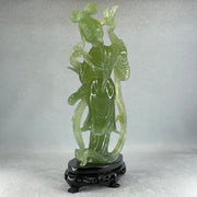 Natural Green Serpentine Fairy with Bird and Flower with Wooden Stand Display 697.8g 118.0 by 257.0 by 75.0mm - Huangs Jadeite and Jewelry Pte Ltd