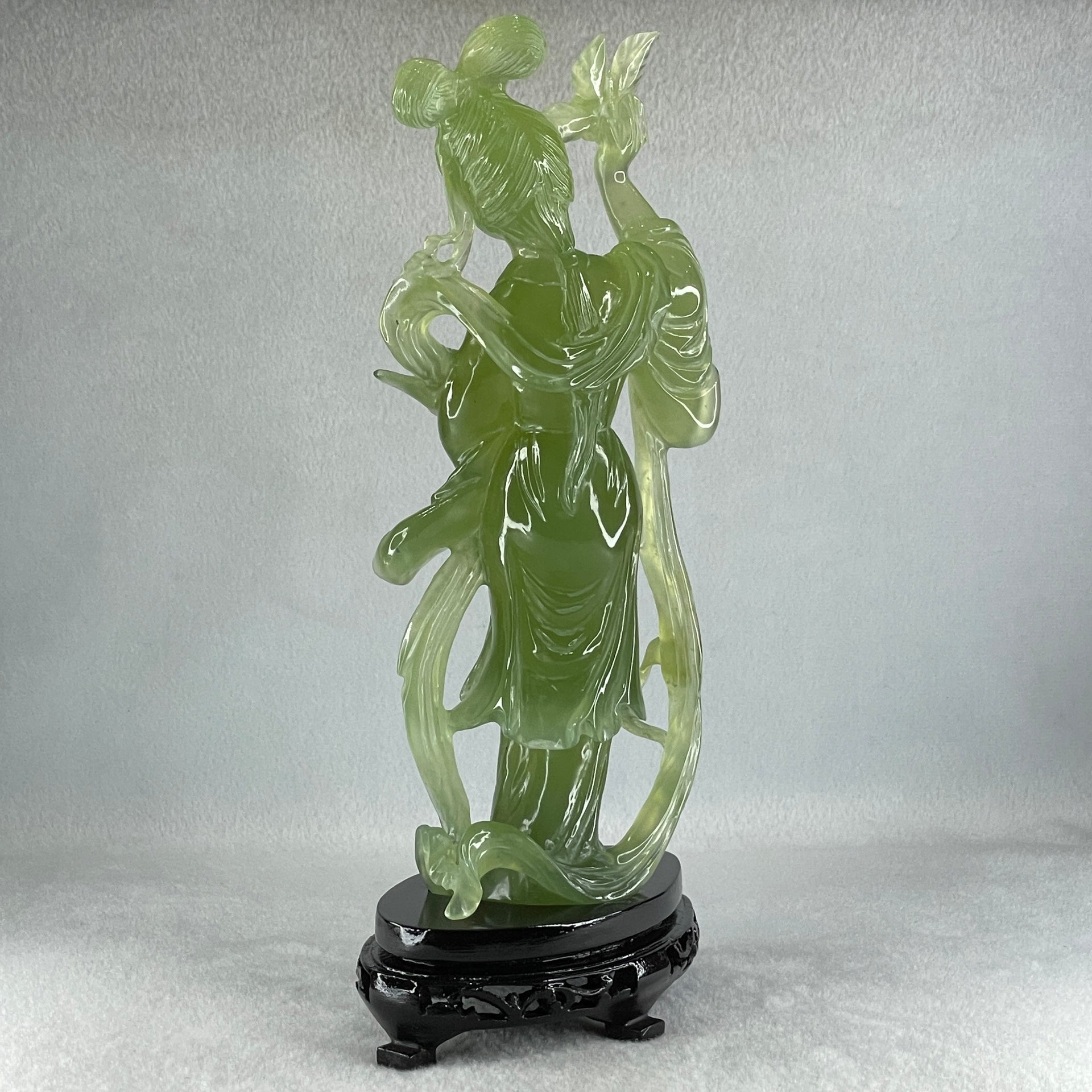 Natural Green Serpentine Fairy with Bird and Flower with Wooden Stand Display 697.8g 118.0 by 257.0 by 75.0mm - Huangs Jadeite and Jewelry Pte Ltd