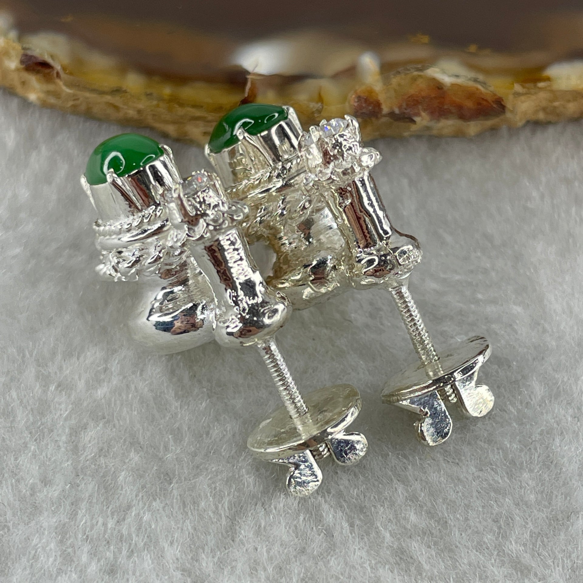 Type A Natural Full Old Mine Spicy Green Jadeite Cabochon 8.0 by 5.8 by 3.0mm Stone for Setting 17.46g (On Silver Earrings Mold) - Huangs Jadeite and Jewelry Pte Ltd