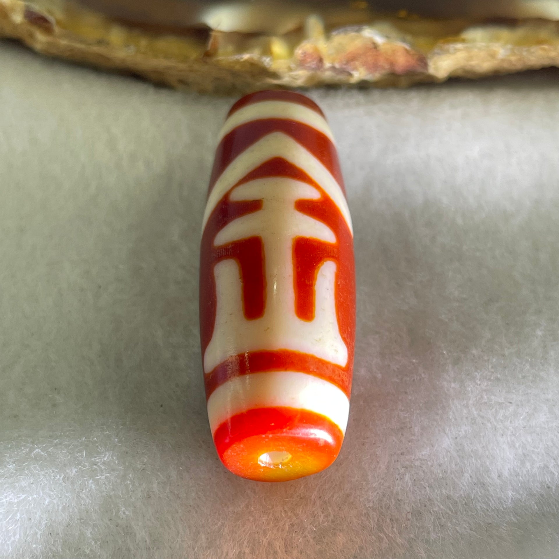 Natural Powerful Tibetan Old Oily Red White Agate One Eye Gold Metal Element Dzi Bead Heavenly Master (Tian Zhu) 一眼金天珠 11.08g 37.3 by 13.5mm - Huangs Jadeite and Jewelry Pte Ltd