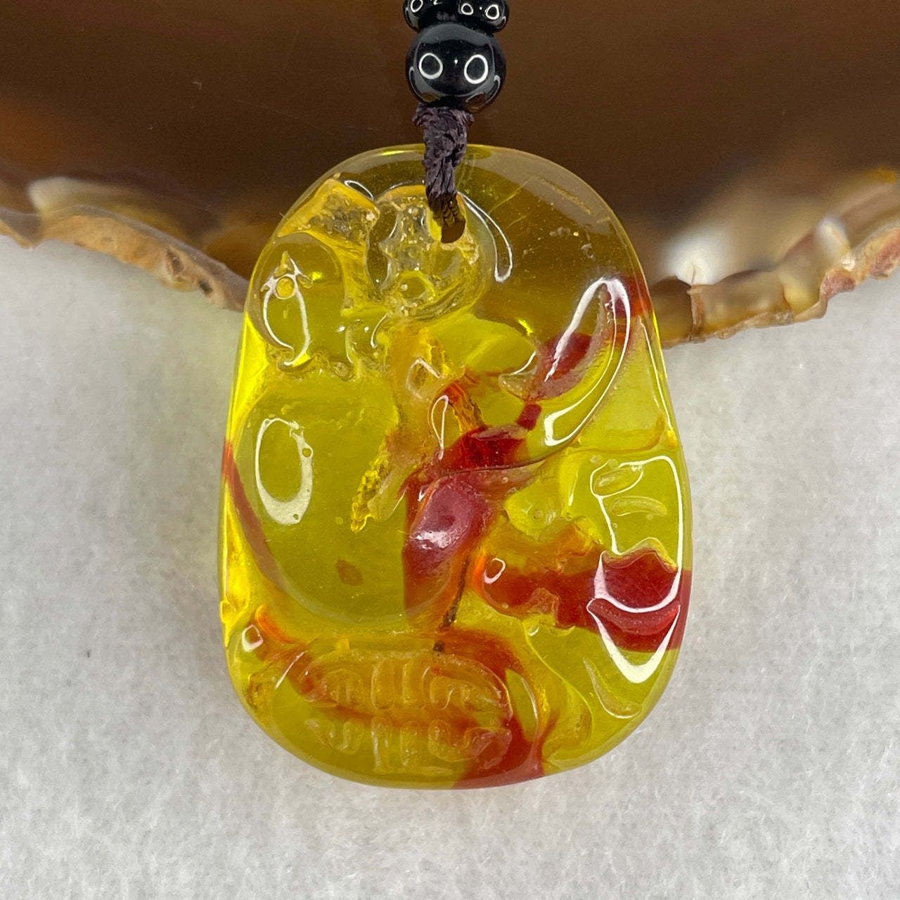 Certified Natural Yellow & Red Amber Hulu Pendant with Bat & Leaf Fossil | Auspicious Gourd Necklace with Black Beads (19.37g | 64cm | 39.2 x 29.2 x 11.4mm)