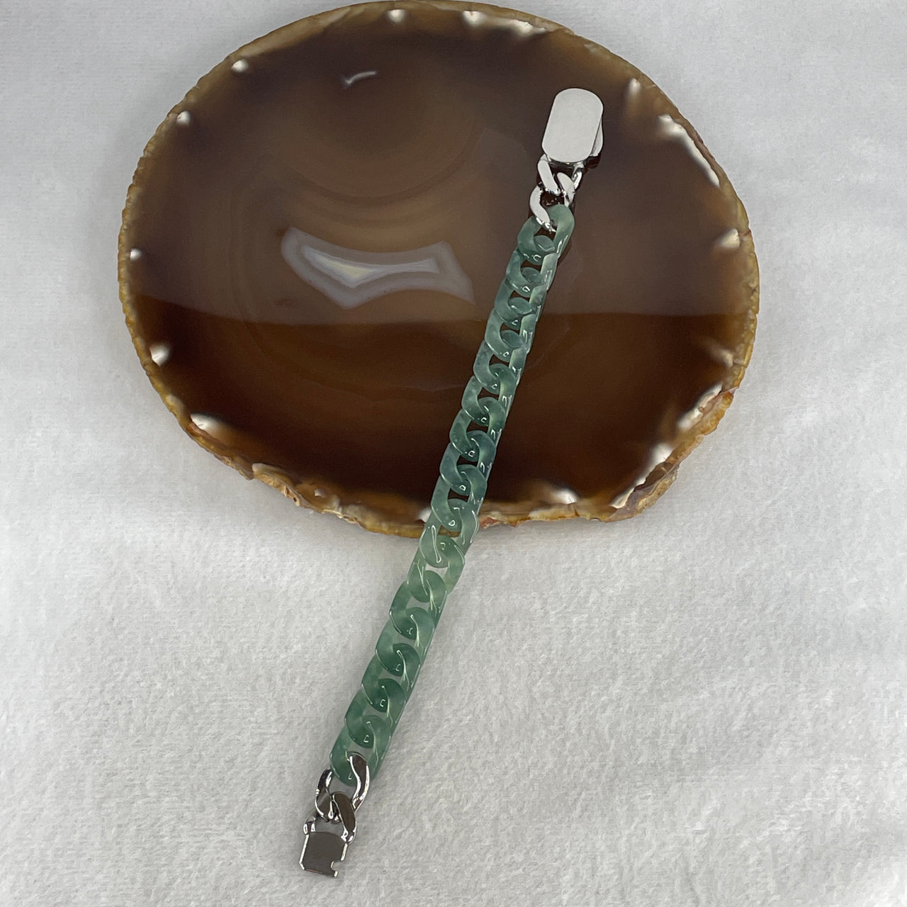 Certified Natural Type A Icy Blueish Green Jadeite Cuban Tennis Bracelet with Sliver Color Clasp 26.08g Up to 18cm 11.7 by 3.4mm 16 Pcs