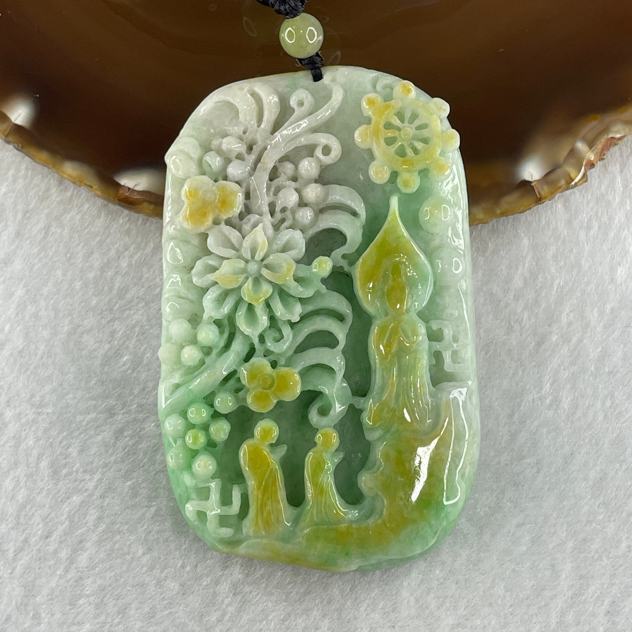 Natural Type A Blueish Green with Yellow Jadeite Buddha and Flowers with People Seeking for Enlightenment Pendant 87.75g 72.8 by 45.7 by 11.8mm