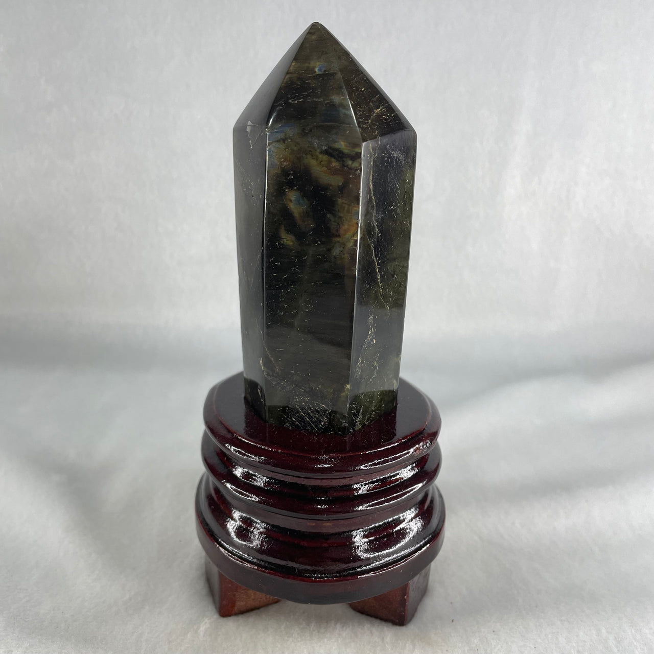 Good Grade Natural Labradorite Tower with Wooden Stand Display 397.7g 150.8 by 71.6 by 69.3mm - Huangs Jadeite and Jewelry Pte Ltd