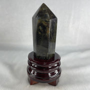 Good Grade Natural Labradorite Tower with Wooden Stand Display 397.7g 150.8 by 71.6 by 69.3mm - Huangs Jadeite and Jewelry Pte Ltd