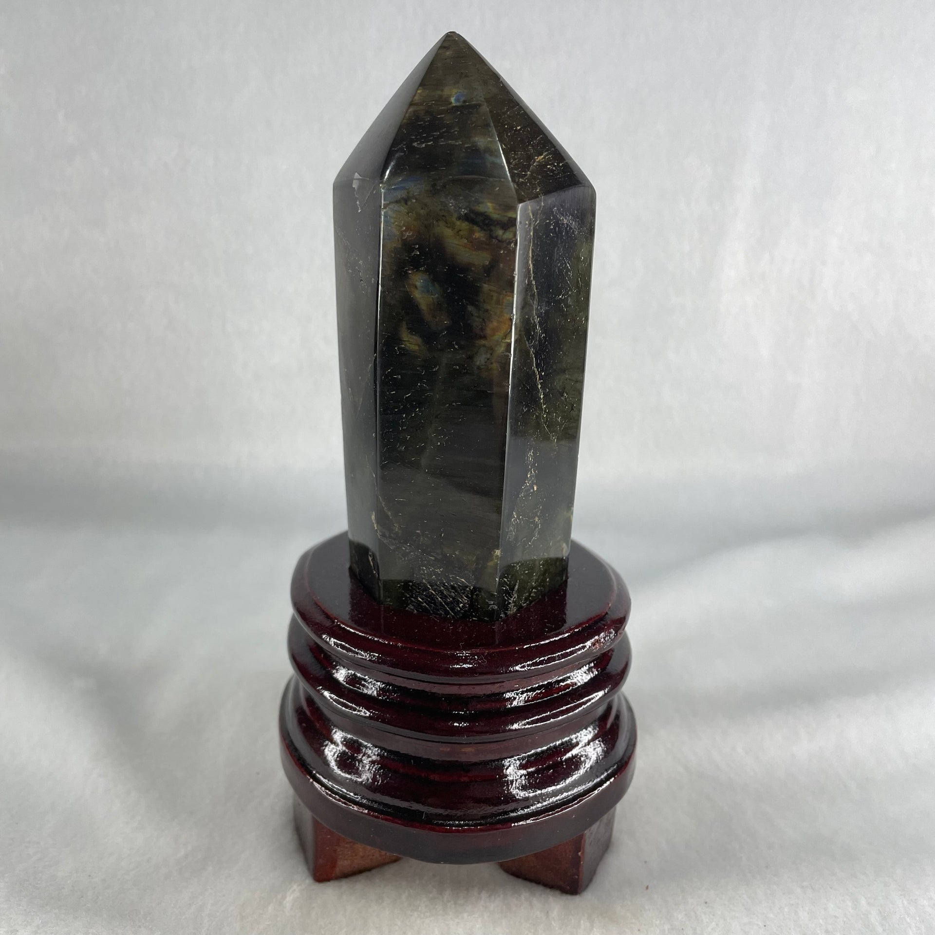 Good Grade Natural Labradorite Tower with Wooden Stand Display 397.7g 150.8 by 71.6 by 69.3mm - Huangs Jadeite and Jewelry Pte Ltd