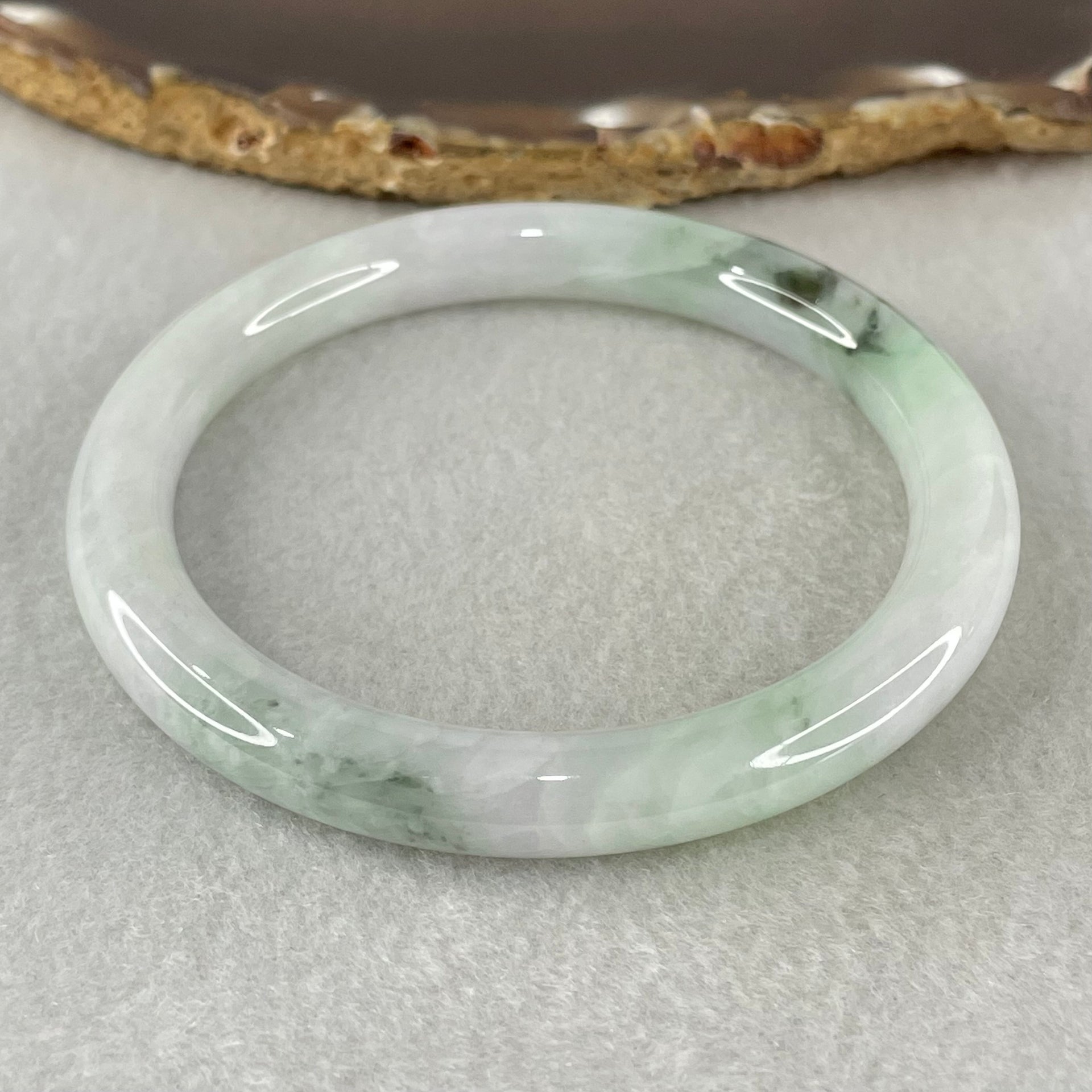 Type A Light Green with Blueish Green piao Hua Floral Jadeite Bangle 37.84g Inner Diameter 57.7mm 8.6 by 9.0mm (Internal Lines) - Huangs Jadeite and Jewelry Pte Ltd