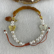 Natural Type A Brownish with Green Jadeite Flowers with Strawberry and Butterfly Charms Bracelet 14.88g 16cm 8.3 by 6.2mm - Huangs Jadeite and Jewelry Pte Ltd
