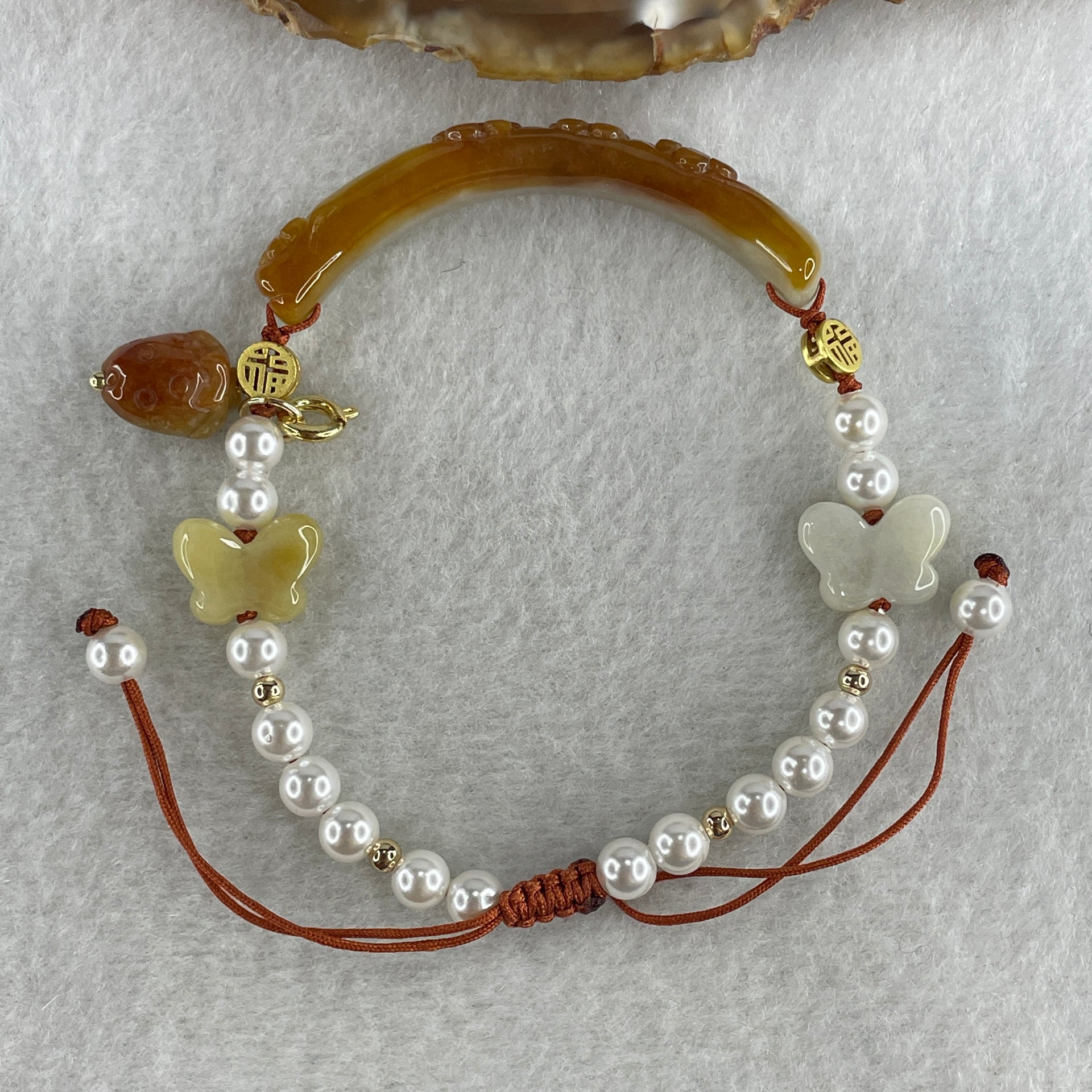 Natural Type A Brownish with Green Jadeite Flowers with Strawberry and Butterfly Charms Bracelet 14.88g 16cm 8.3 by 6.2mm - Huangs Jadeite and Jewelry Pte Ltd