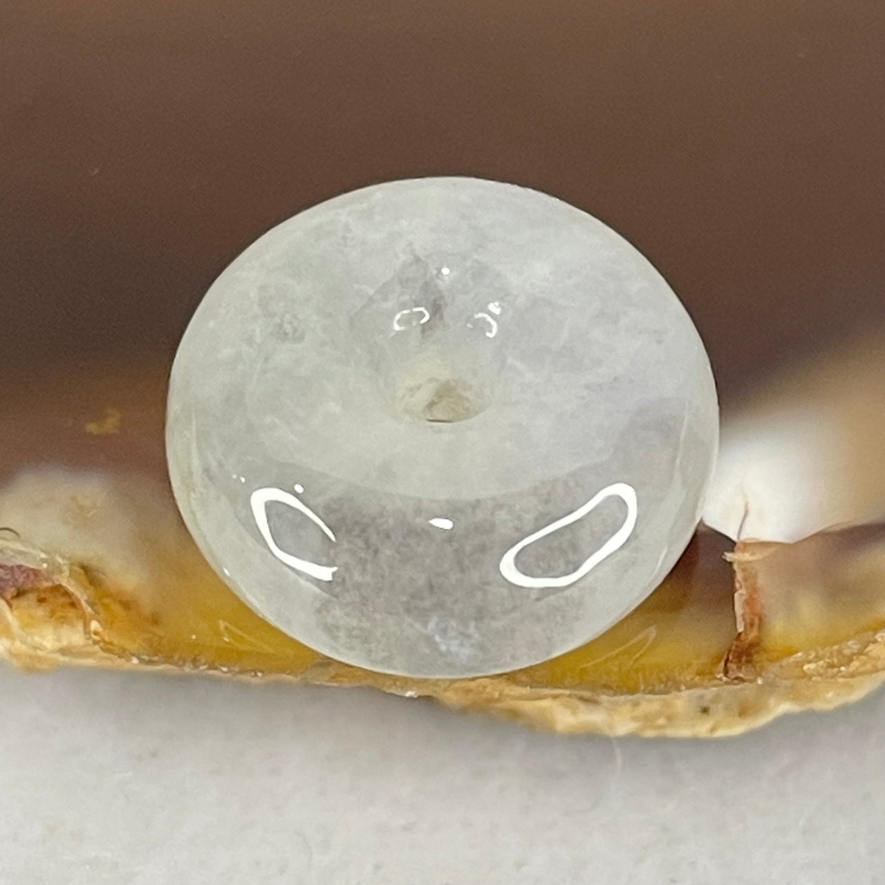 Type A Semi Icy Light Green With Wuji Grey Spots Jadeite Ping An Kou Donut Pendant 2.29g 13.7 by 6.0mm - Huangs Jadeite and Jewelry Pte Ltd