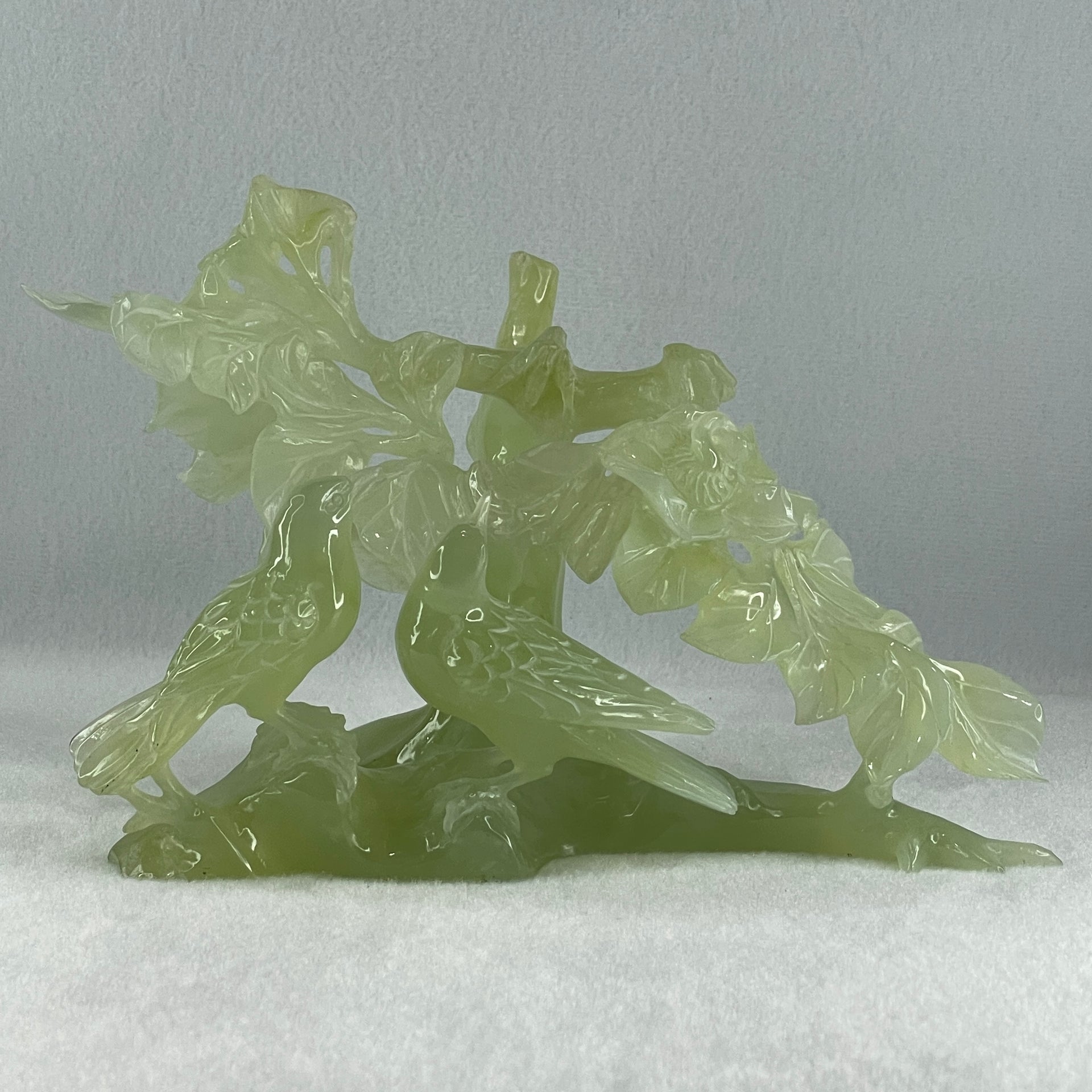 Natural Green Serpentine Twin Magpie Birds on Tree with Wooden Stand Display 792.2g L203.0 by B146.0 by H170.0 mm - Huangs Jadeite and Jewelry Pte Ltd