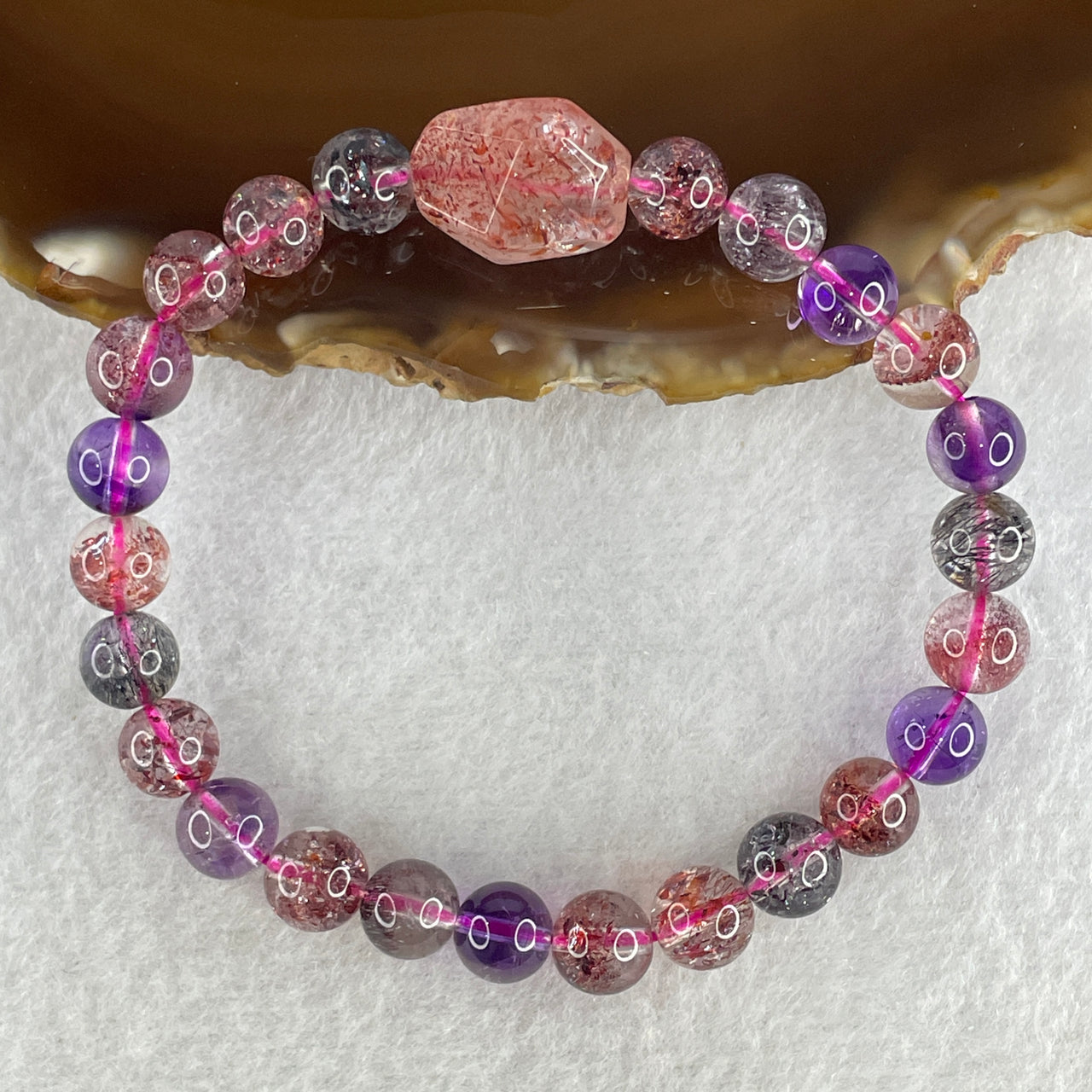 Certified Good Grade Natural Super 7 Beads with Strawberry Quartz Charm Bracelet 17.890g 16.5cm 7.8mm 24Beads - 16.1 by 12.3 by 10.1mm 1Bead