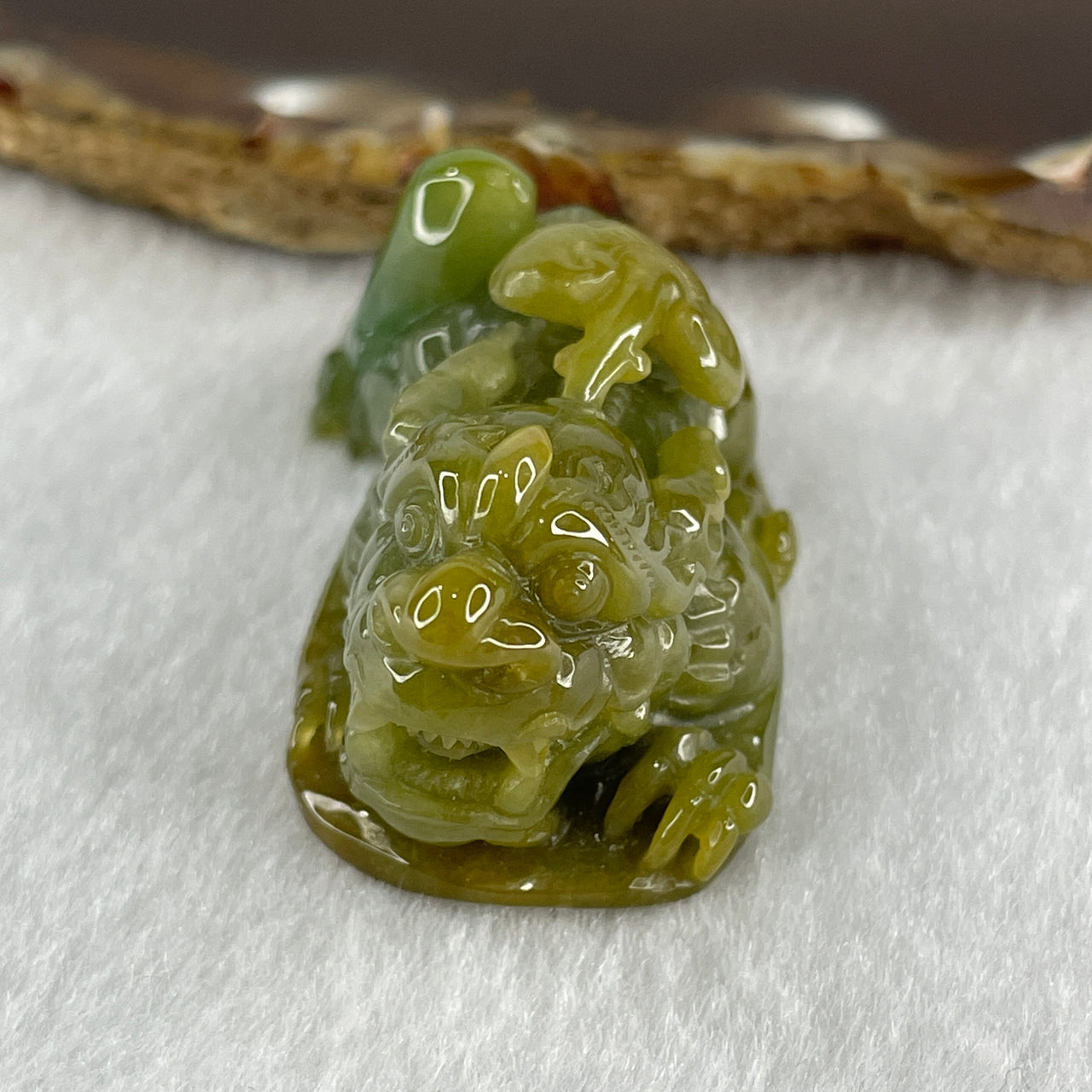 Grand Master Type A Yellow with Blueish Green Jadeite Pixiu Pendant 38.92g 50.7 by 24.3 by 24.7mm