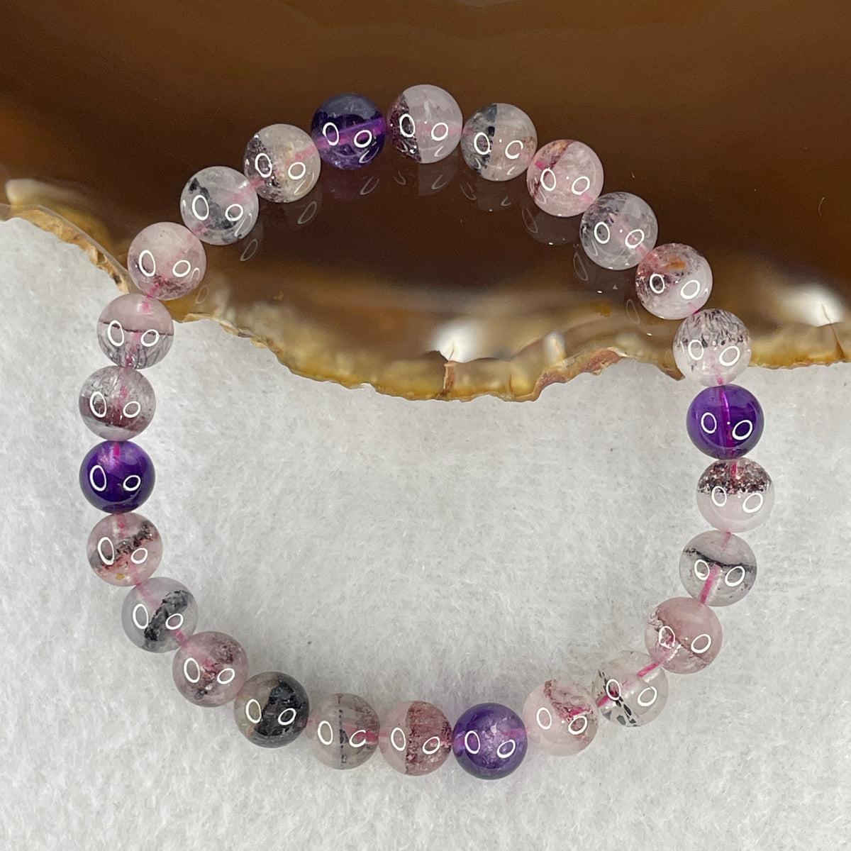 Certified Above Average Grade Natural Super 7 Crystal Beads Bracelet | 6.8mm Dainty Sacred 7-Mineral Synergy Power (11.30g | 14.5cm Extra-Petite Wrist Sizing | 26 Beads)