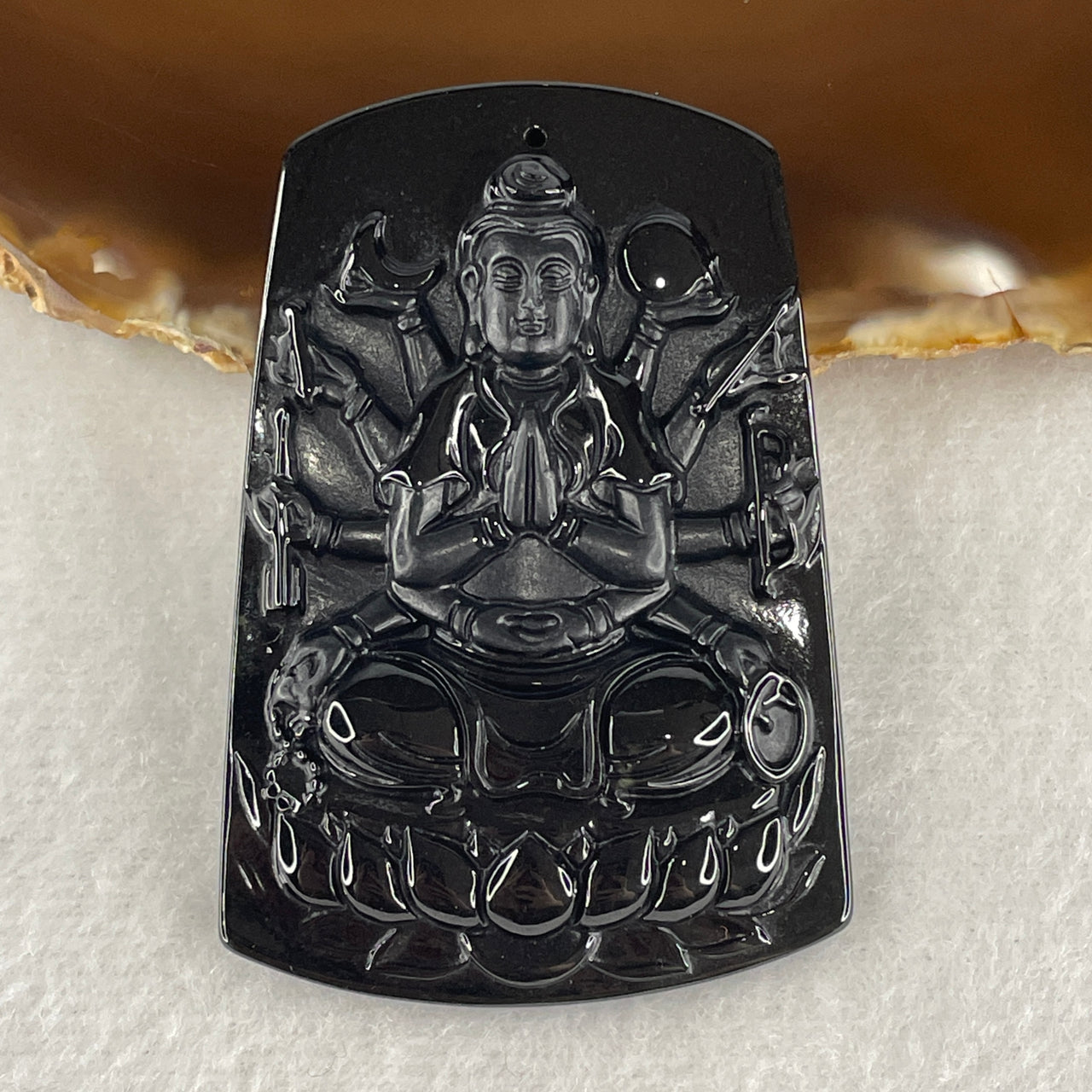 Blessing, Harmony and Fortune - Certified Natural Type A Black Omphacite Jadeite Thousand Hand Guan Yin Pendant 22.99g 59.7 by 40.5 by 7.8mm