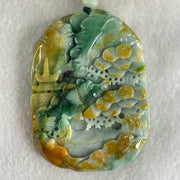 Type A Brown Blueish Green with Yellow Jadeite Shan Shui with Guiren Benefactor Pendant 93.95g 66.8 by 49.0 by 13.8mm - Huangs Jadeite and Jewelry Pte Ltd