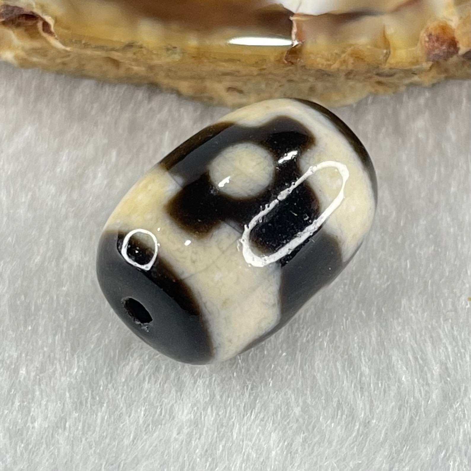 Natural Powerful Tibetan Old Oily Dark Brown With White Agate 3 Eyes Dzi Bead Heavenly Master (Tian Zhu) 三眼天诛 4.61g 17.8 by 12.7mm - Huangs Jadeite and Jewelry Pte Ltd