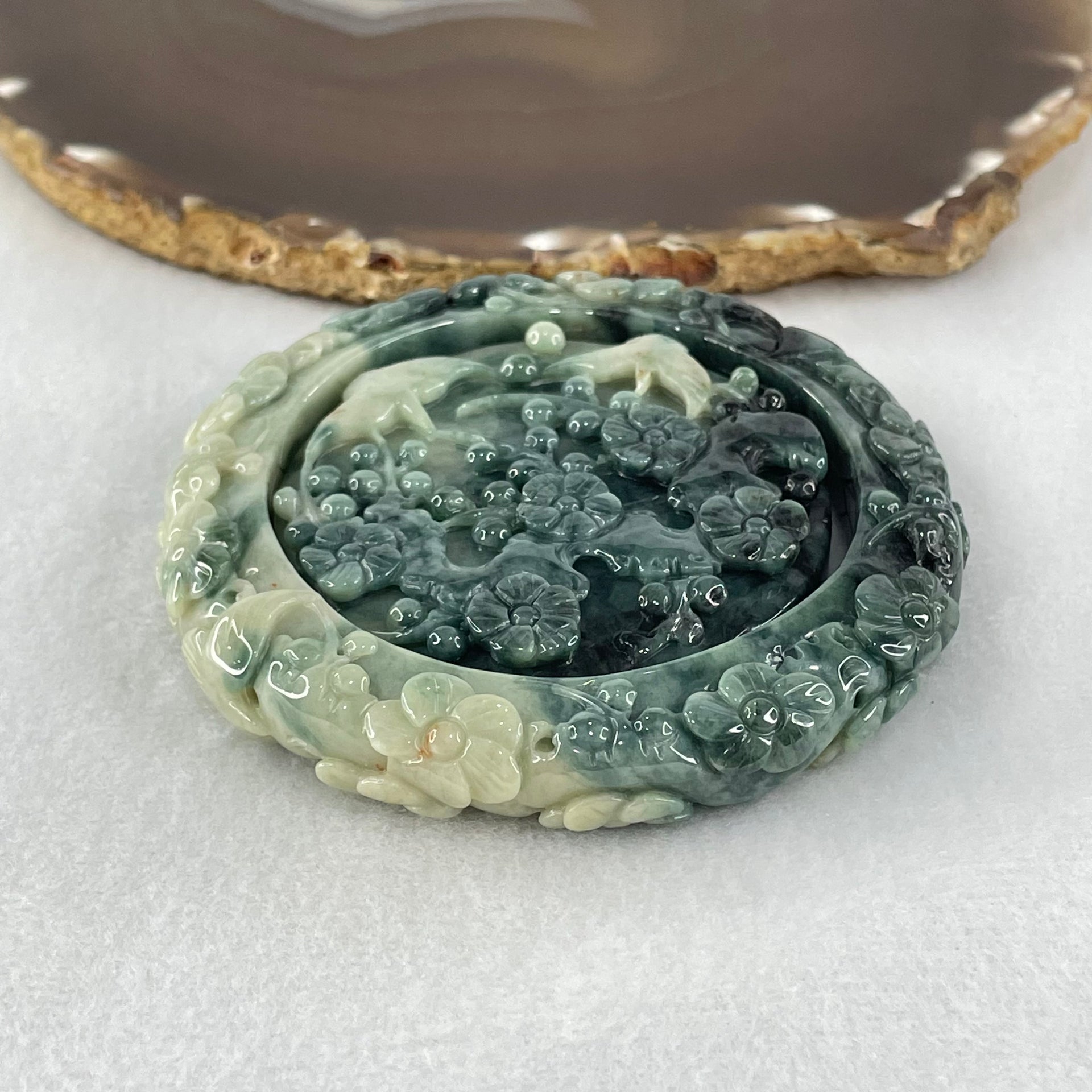 Type A Demin Blue with Light Blueish Green Jadeite Twin Birds with Prosperity Flowers Bangle Inner Diameter 57.4mm 12.4 by 11.9mm and Pendant 55.3 by 13.1mm Total Weight 156.22g - Huangs Jadeite and Jewelry Pte Ltd