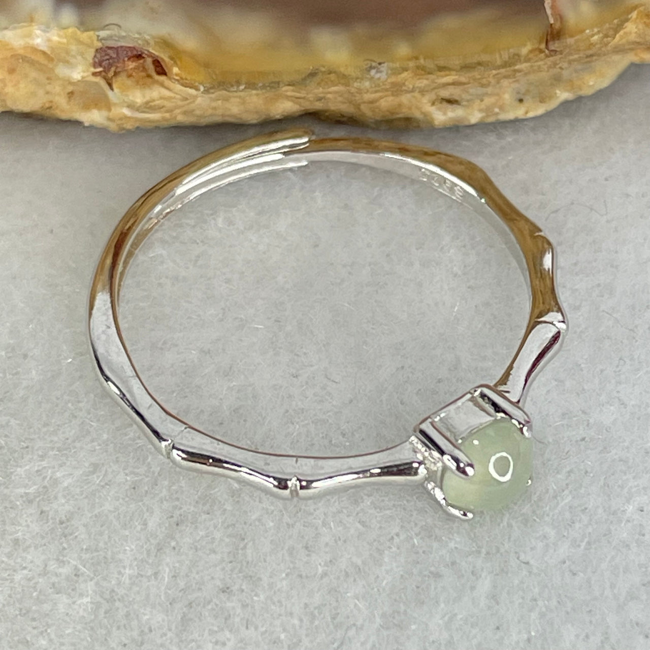 Type A Icy Faint Green Cabochon Jadeite in S925 Sliver Bamboo Ring (Adjustable Size) 1.01g 4.0 by 2.5mm - Huangs Jadeite and Jewelry Pte Ltd