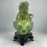 Natural Jelly Light Green Serpentine Pixiu Incense Burner with Wooden Stand Display 1,364.0 by 178.0 by 110.0 by 205.0mm - Huangs Jadeite and Jewelry Pte Ltd