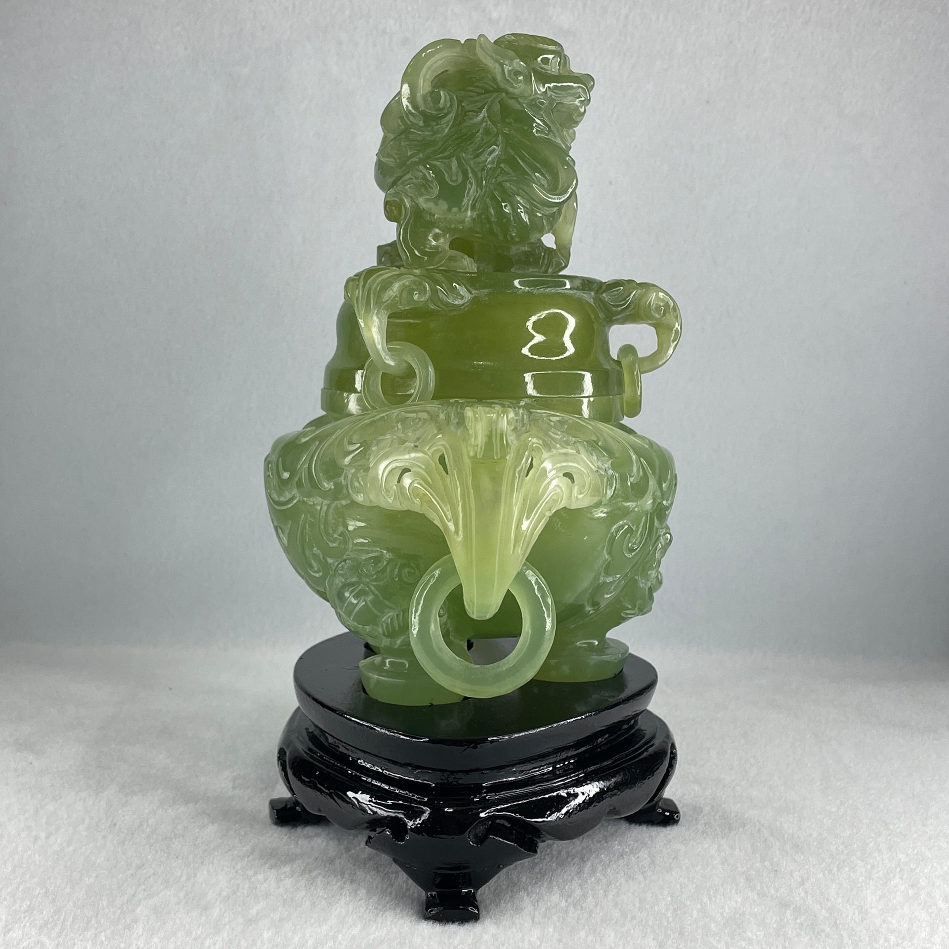 Natural Jelly Light Green Serpentine Pixiu Incense Burner with Wooden Stand Display 1,364.0 by 178.0 by 110.0 by 205.0mm - Huangs Jadeite and Jewelry Pte Ltd