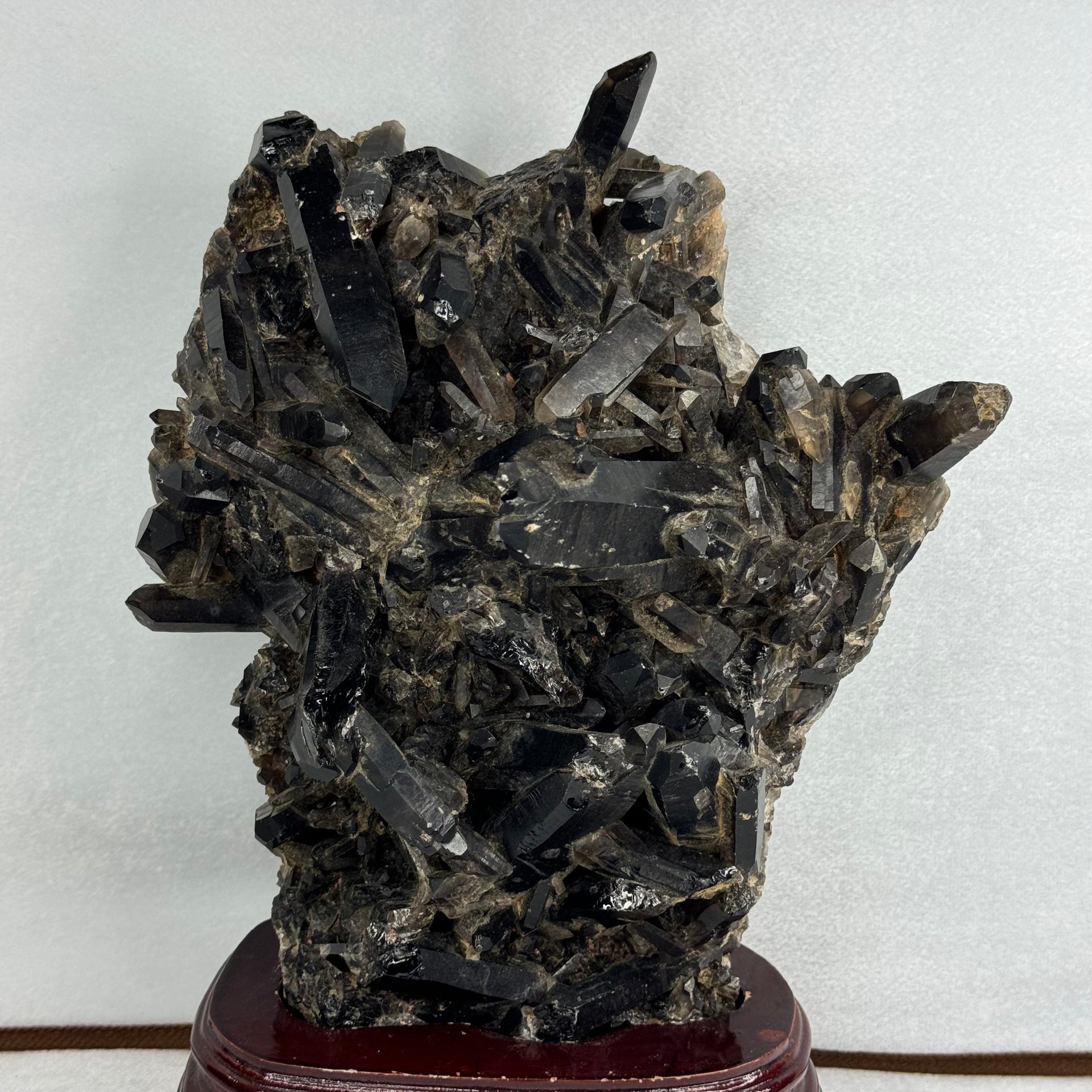 Natural Raw Smoky Quartz Rough Display in Wooden Stand 4,075.9g 180.0 by 127.0 by Height 310.0mm - Huangs Jadeite and Jewelry Pte Ltd