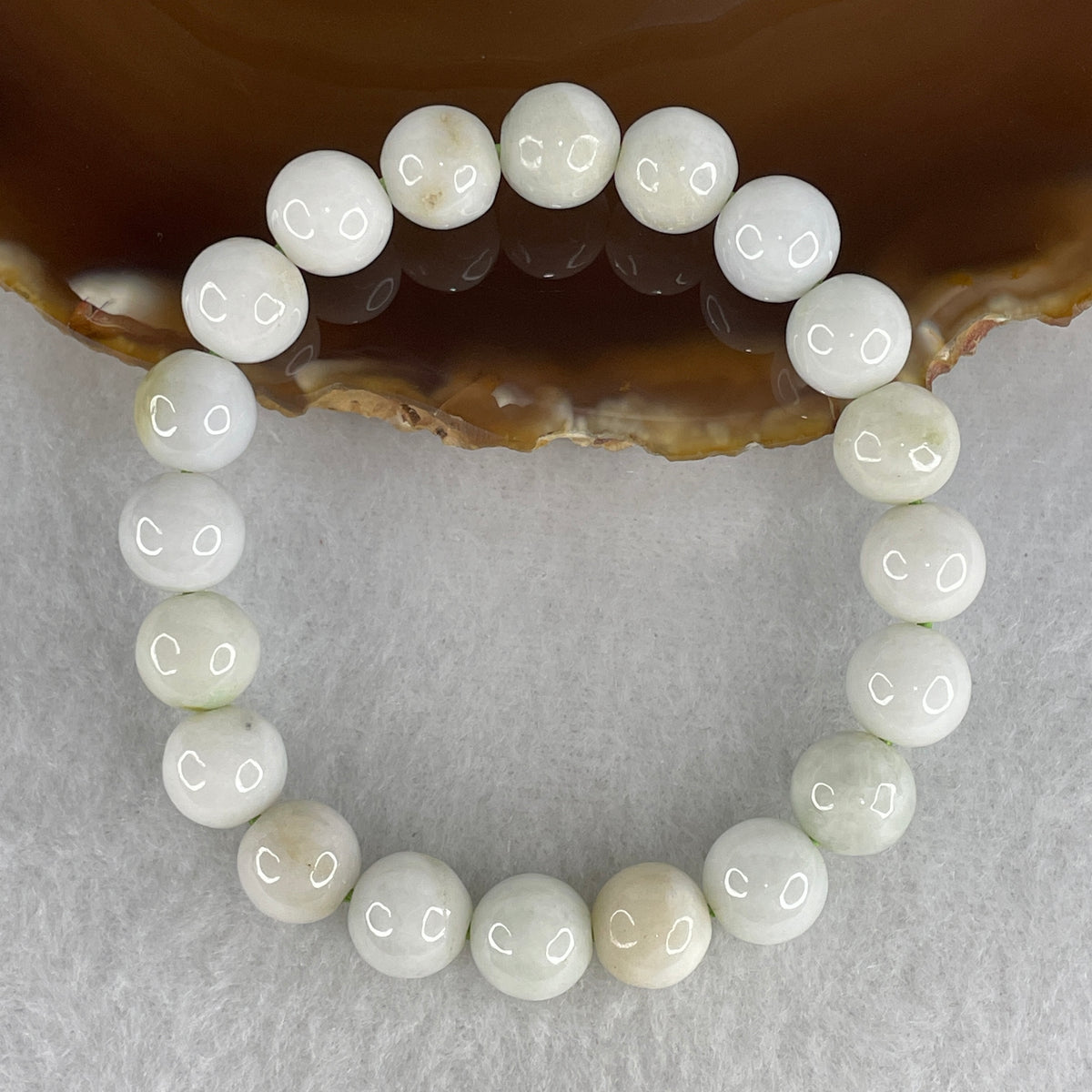 Natural Type A White with Brownish Jadeite Bead Bracelet | Untreated Warm Amber & Snow Fei Cui Stretch Bracelet (30.98g | 15.5cm Wrist | 9.7mm | 20 Beads) (1 Bead Rough)