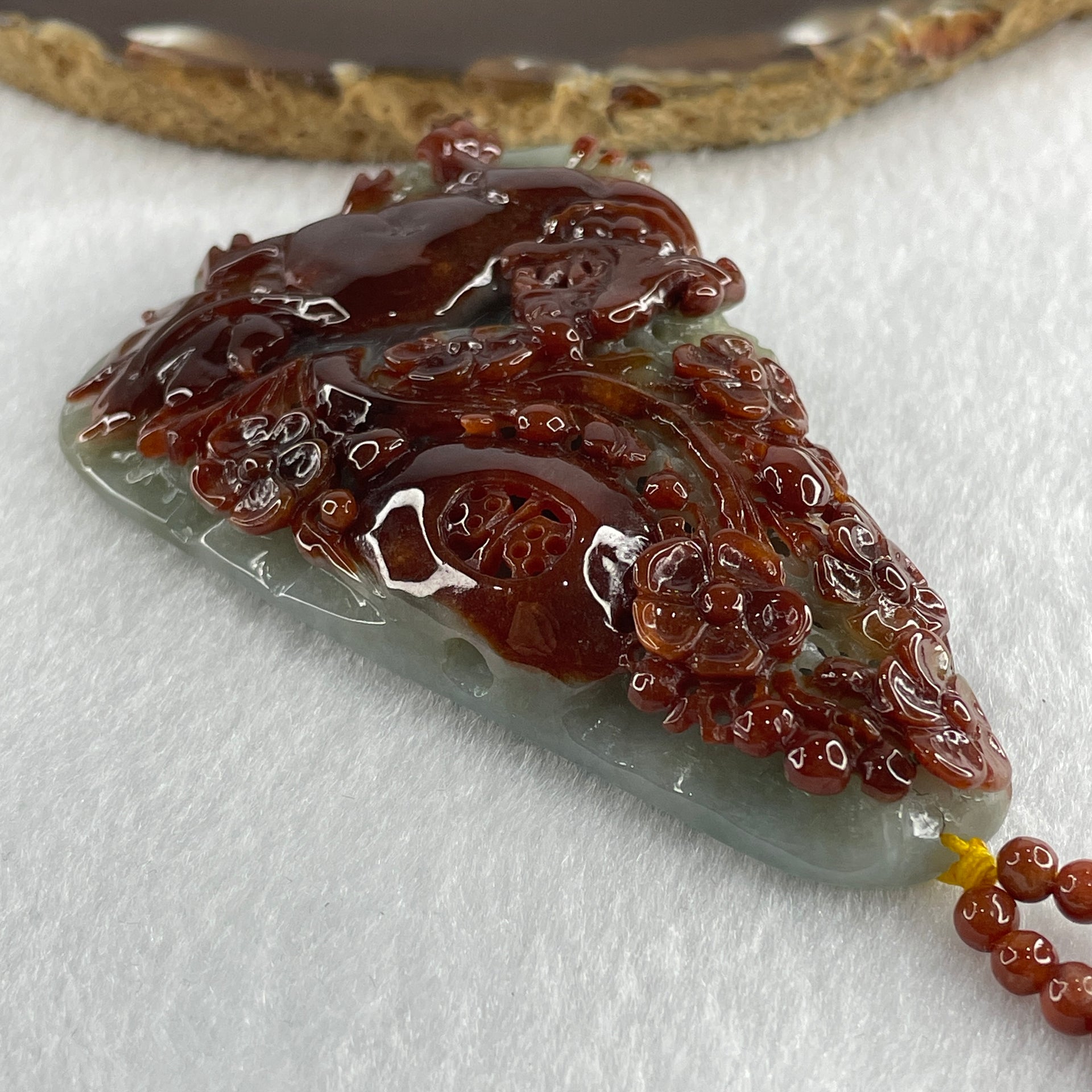 Grand Master Type A Brownish Red with Green Jadeite Tiger with Flower Double Side Pendant 117.50g 84.0 by 54.6 by 16.9mm - Huangs Jadeite and Jewelry Pte Ltd
