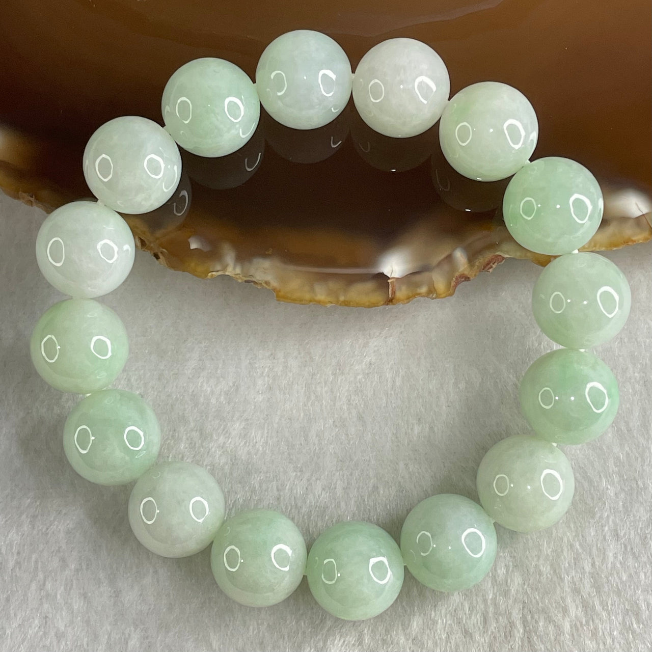 Type A Light Green Jadeite Beads Bracelet 55.28g 16cm 12.6mm 16 Beads - Huangs Jadeite and Jewelry Pte Ltd