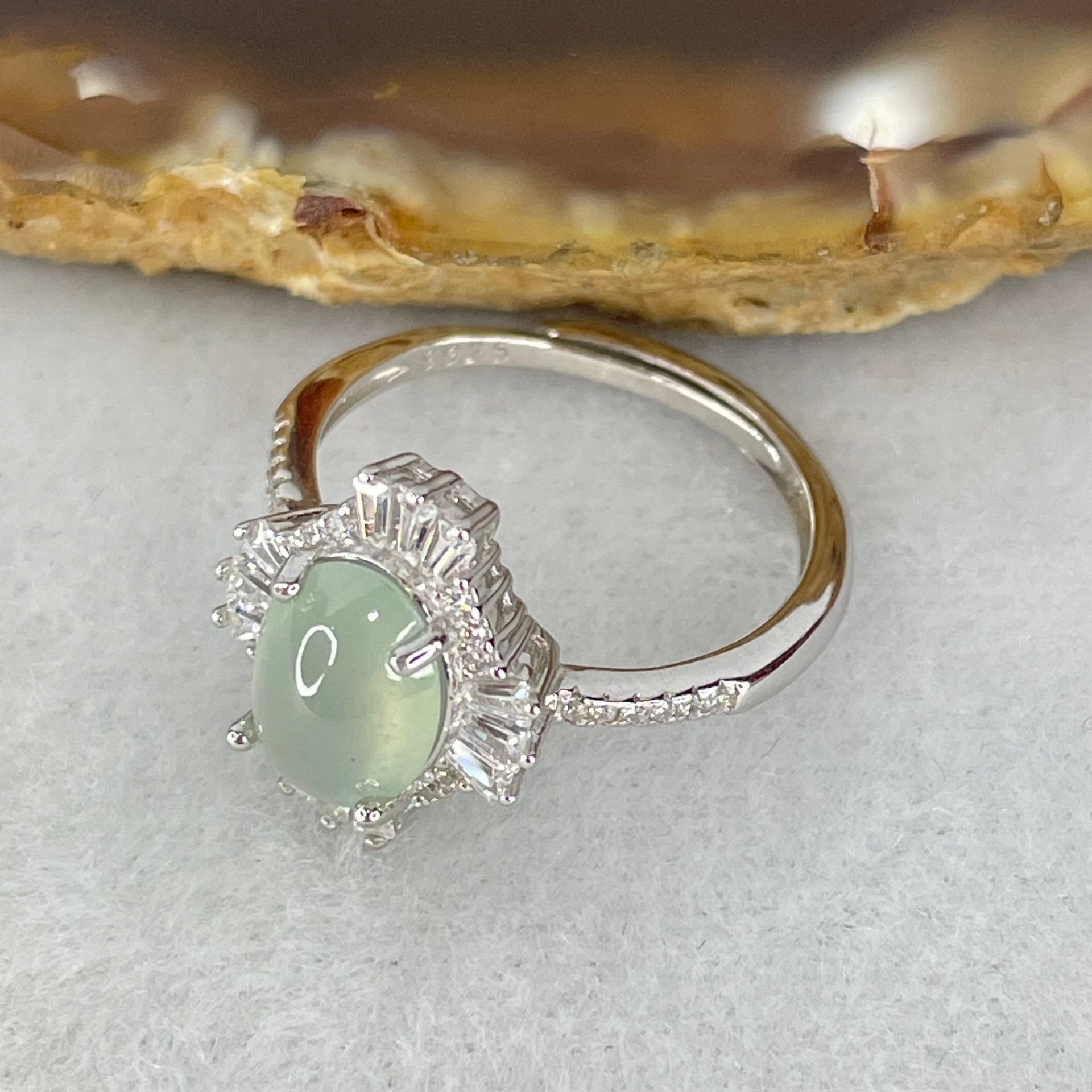 Type A Icy Light Sky Blue Jadeite Cabochon with Crystals in S925 Sliver Ring 2.55g 8.6 by 6.9 by 4.0mm - Huangs Jadeite and Jewelry Pte Ltd