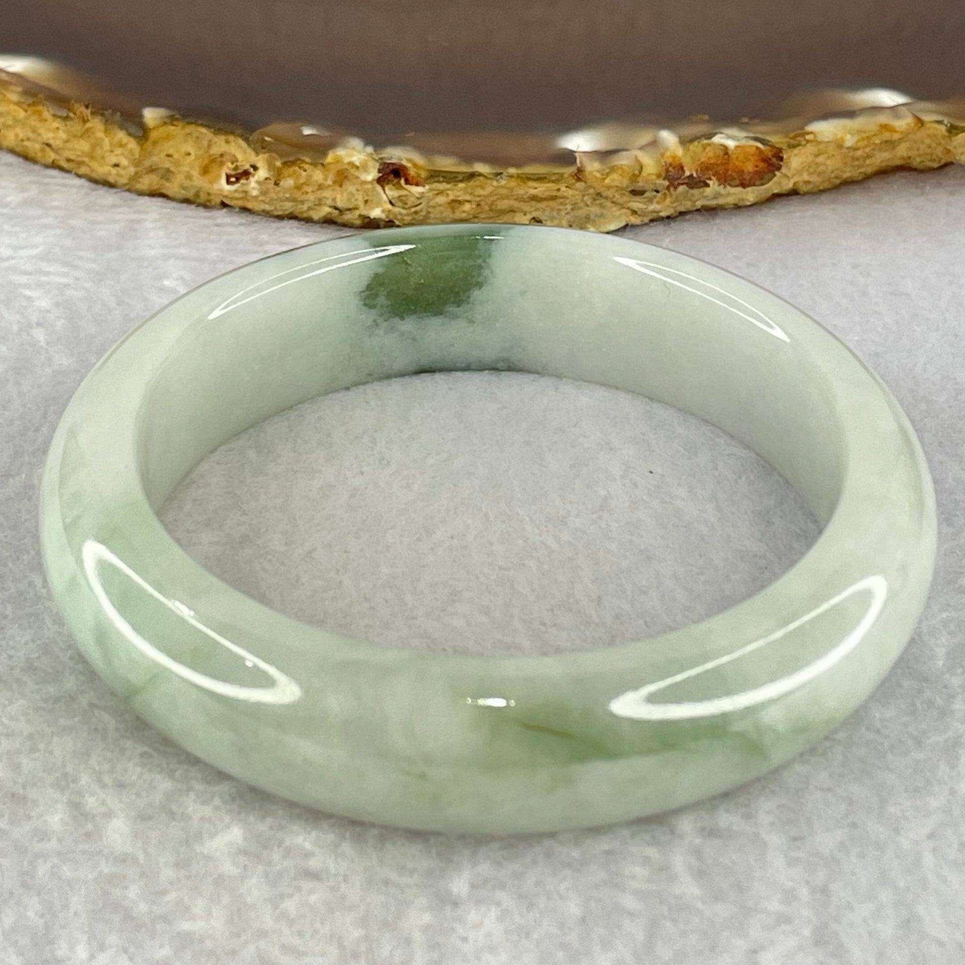 Type A Faint Lavender Green with Moss Green Patches Jadeite Bangle Internal Diameter 56.8mm 67.33g 14.8 by 8.8mm (Internal Lines) - Huangs Jadeite and Jewelry Pte Ltd