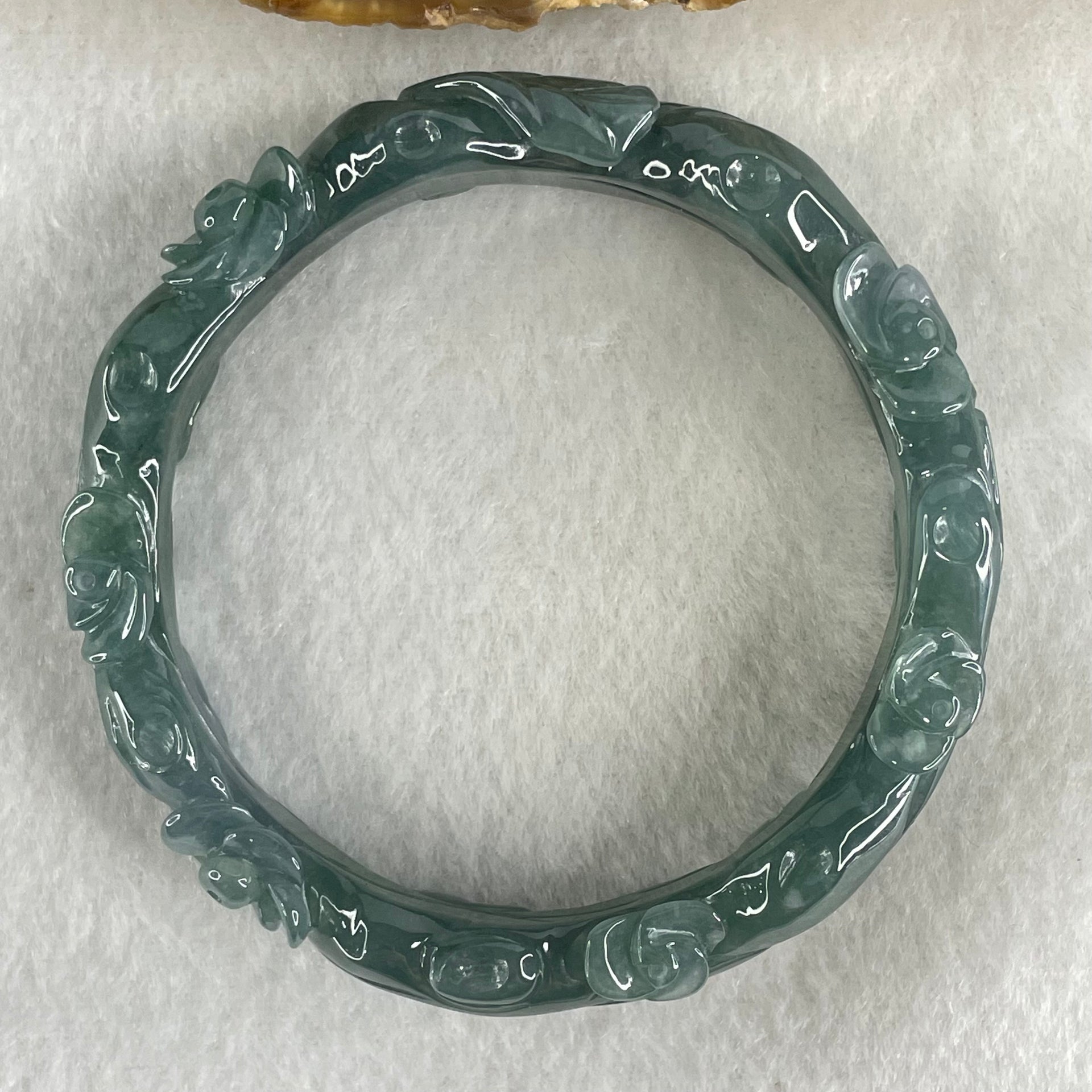 Type A Blueish Green Jadeite with Flowers Bangle 45.62g Inner Diameter 57.2mm 13.8 by 8.0mm - Huangs Jadeite and Jewelry Pte Ltd
