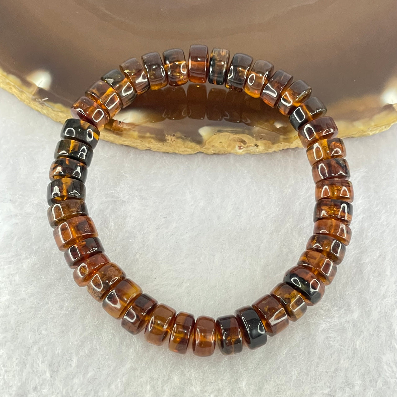 Natural Cognac Fushun Amber Donut Beads Bracelet 天然抚顺老珀手链 8.63g 15cm 8.9mm 40pcs - Huangs Jadeite and Jewelry Pte Ltd