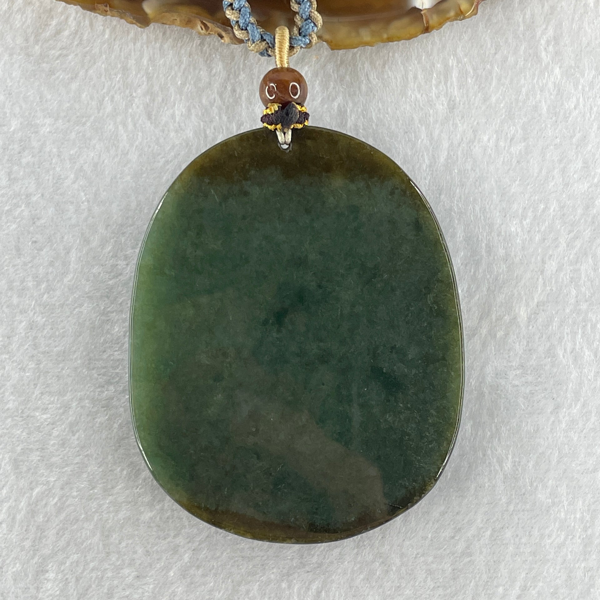 Natural Type A Brown with Blueish Green Jadeite Seeking Enlightenment Pendant 64.41g 63.8 by 51.7 by 10.9mm - Huangs Jadeite and Jewelry Pte Ltd